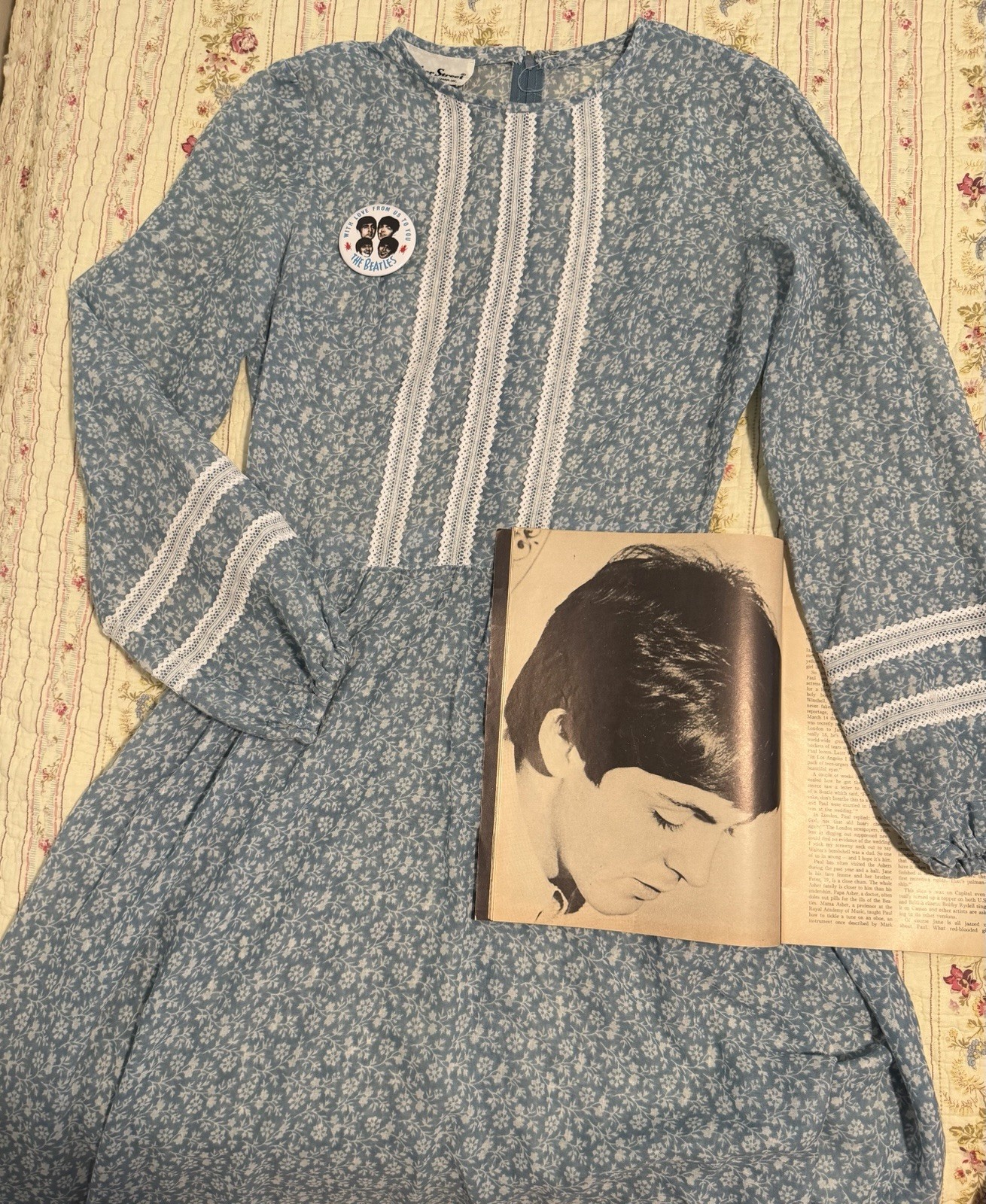 True Vintage 60s 70s Bleeker Street Prairie Dress Blue Floral White Midi XS S