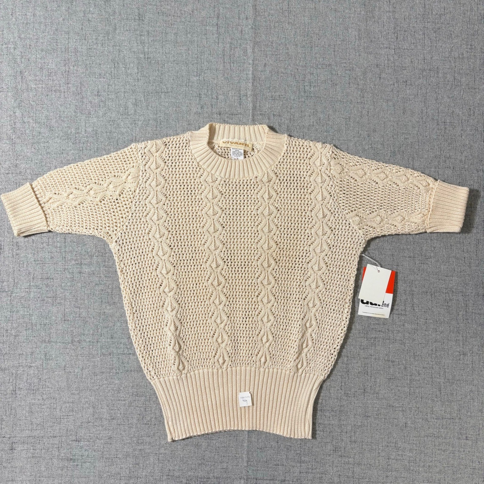 Vintage Vivanti Short Sleeve Cable Knit Sweater Durene Cotton Cream Small NWT