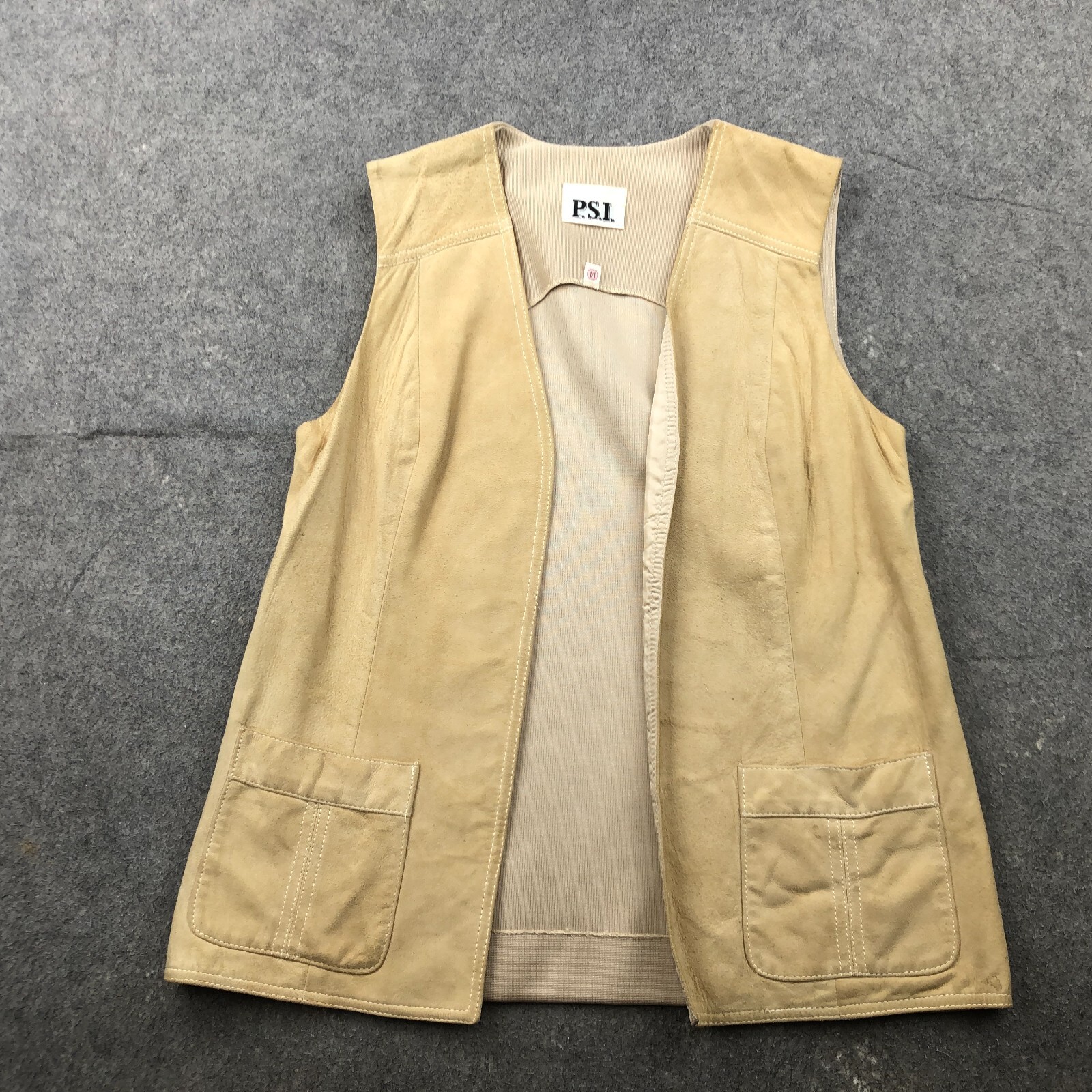Vintage PSi Vest Womens 14 Beige 1970S Brown Suede Open Front