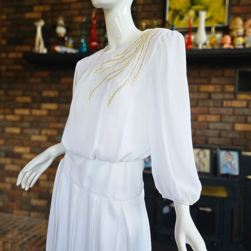Vintage 80s Sheer Disco Winter White Gold Glitter Flame Blouson Party Dress S/M