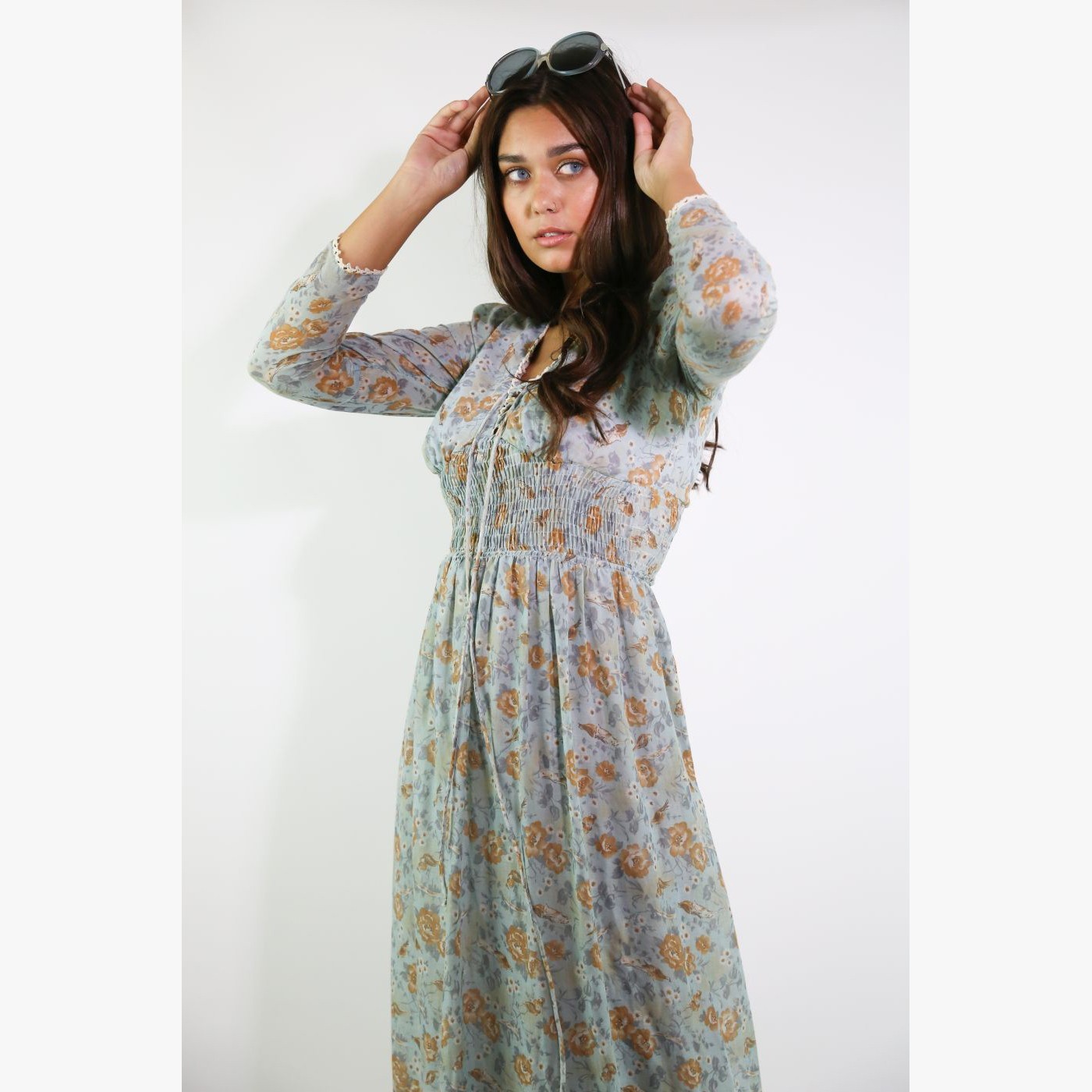 Vintage 1970’s Blue & Brown Floral Prairie Dress Maxi Size 6
