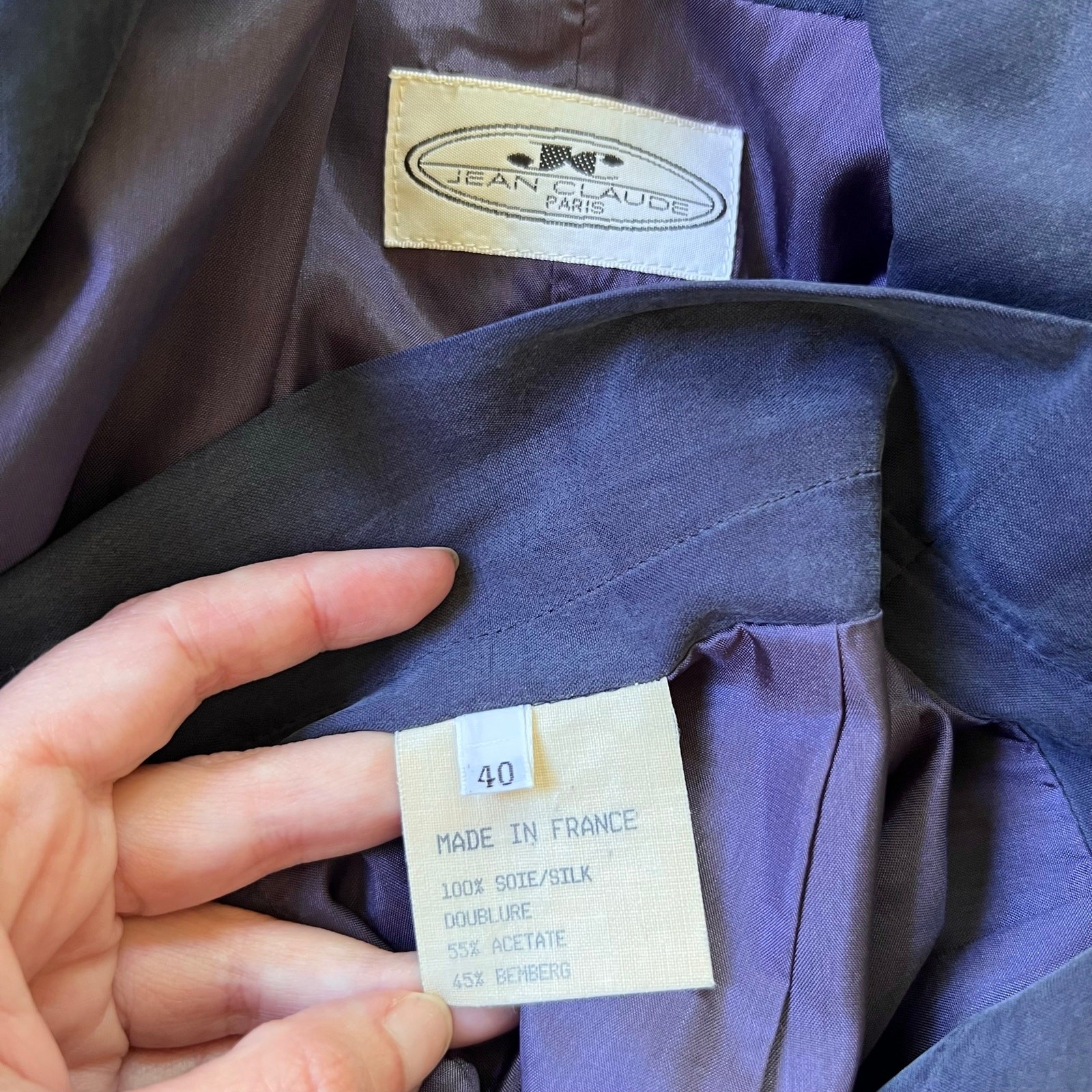 Vintage 90s Jean Claude Paris Silk Skirt Blazer Suit 6 Blue Made in France