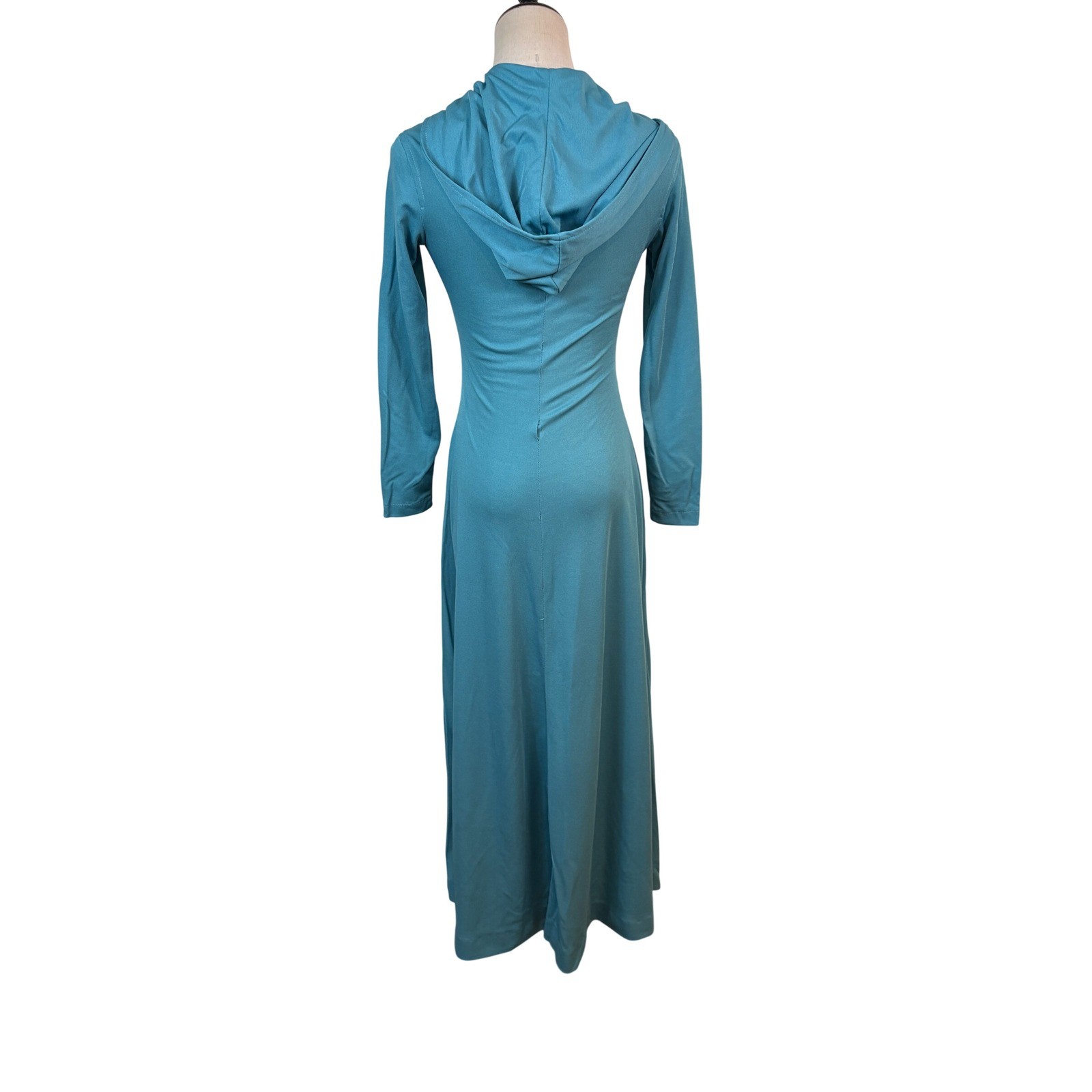 Vintage 70s Jody of California Teal Blue Hooded Maxi Dress Long Sleeve Gown