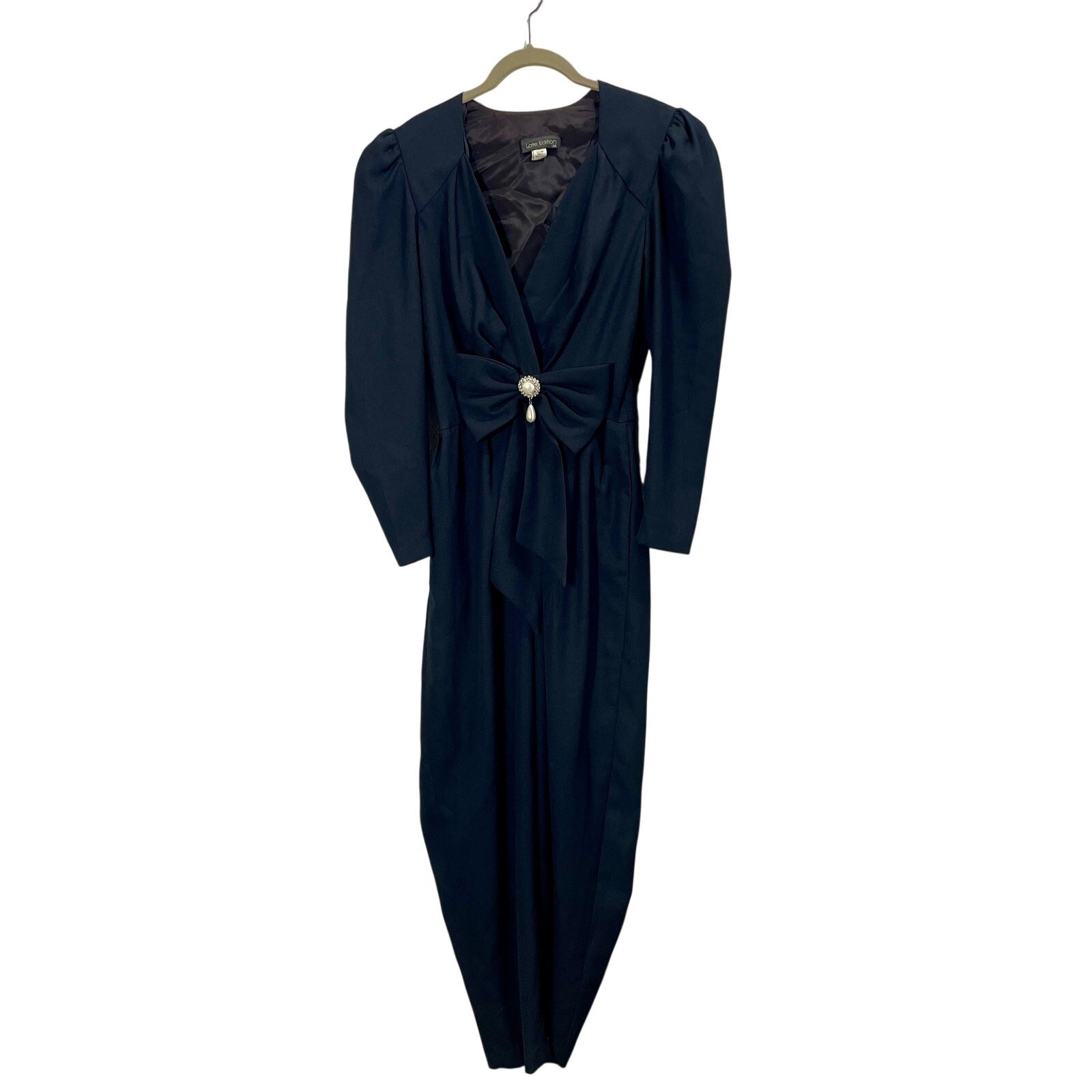 Vintage 1980s Black Satin Jumpsuit Late Edition Evening Glam Faux-Pearl Bow S/M