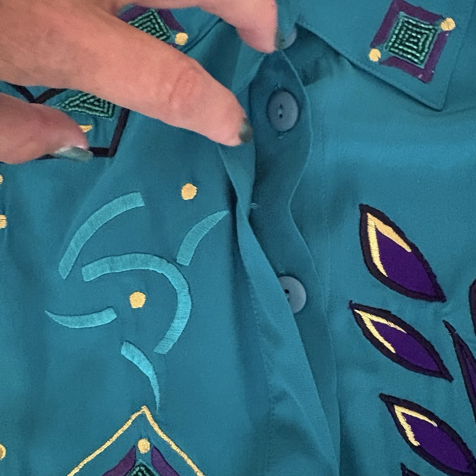 Regina Porter Womens Blouse Vintage 100% Silk Teal Abstract Embroidered Size 1X