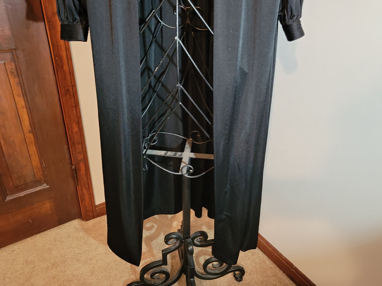 Vtg Joy Stevens California Womens Sz Sm Black Open Nylon Robe Long Housecoat EUC