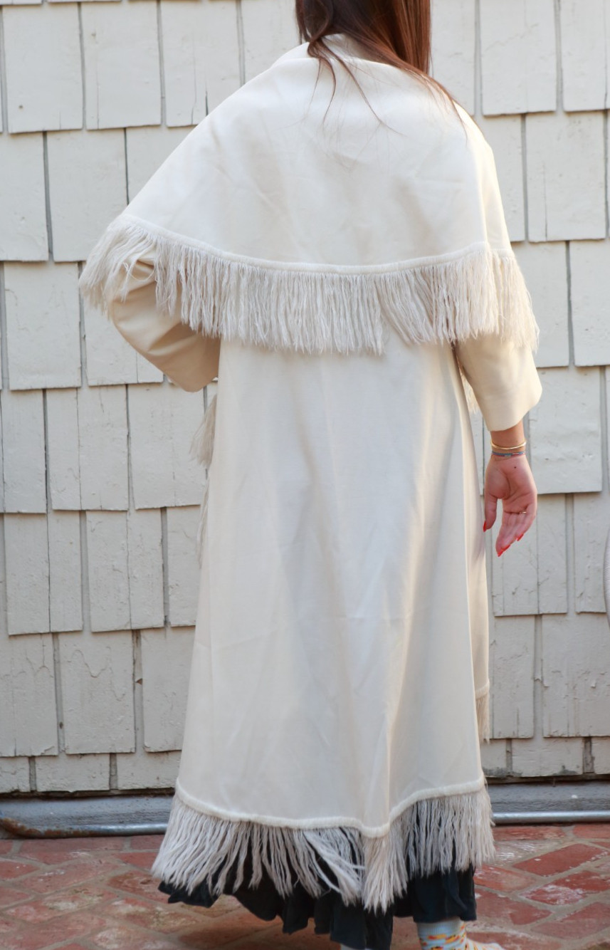 Vintage 70s Open Front Fringe Wrap Coat S/M Ivory Boho Stevie Nicks