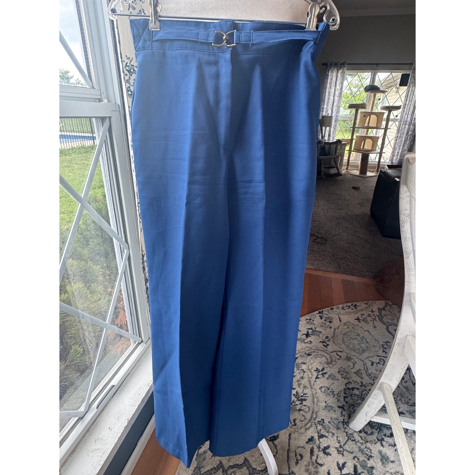 VTG 70s Blue Wide Leg Pants High Waisted Clasp Belt Double Knit Trousers S 28⁠