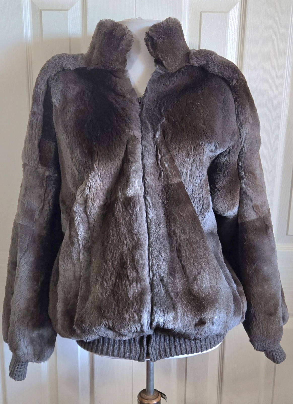 1980s CAROLE LITTLE Gray And Brown Patchwork Rabbit Fur Bomber Jacket Sz Large