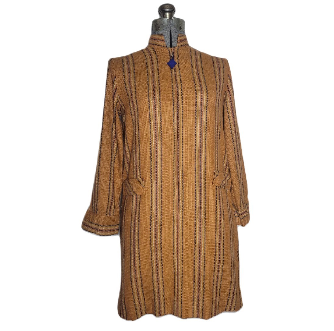 Vintage 60s Mod Wool Mini Dress Orange Stripe A Line Long Sleeve Small Zip Up