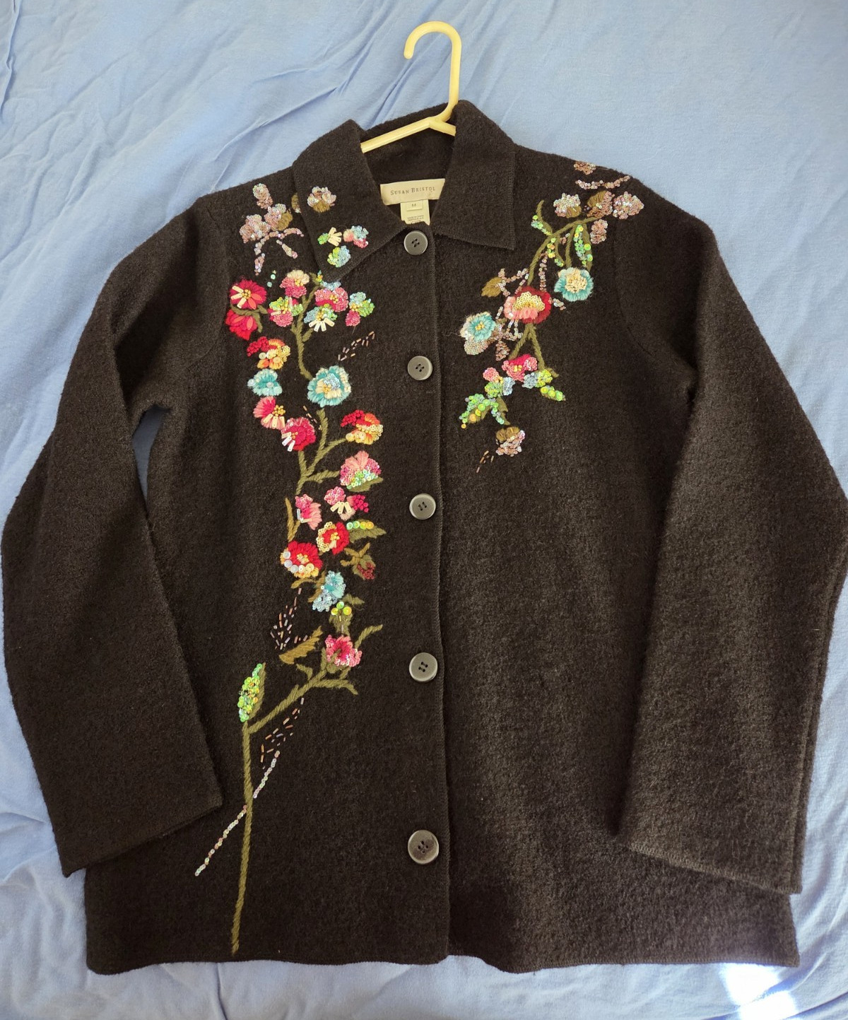 Susan Bristol – Wool Cardigan – Black w/ Embroidered Flowers/beads – Size M