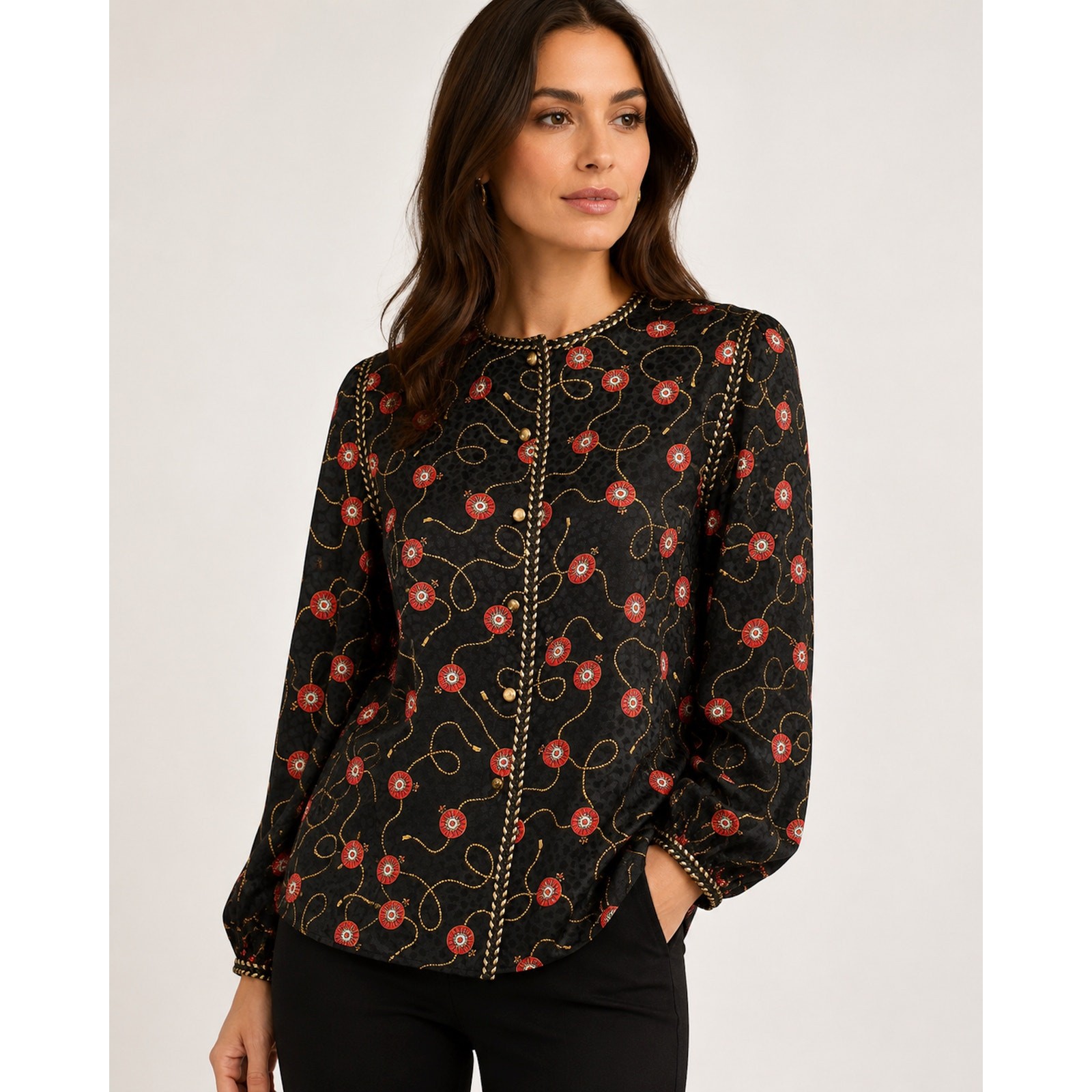 90s Baroque Scarf Print Silk Blouse | Black Red Gold Fleur de Lis Tassel Top | S