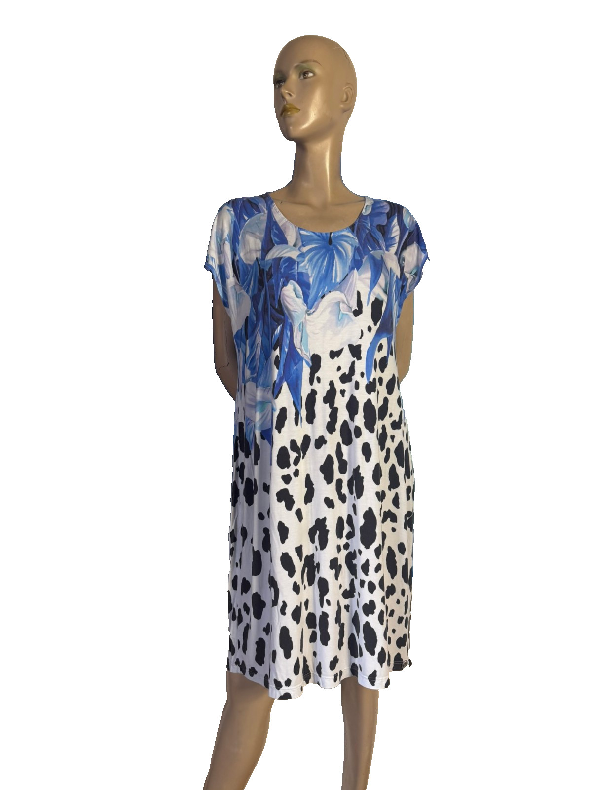 Louis Féraud dress jersey blue white size 40/42 designer print viscose Paris