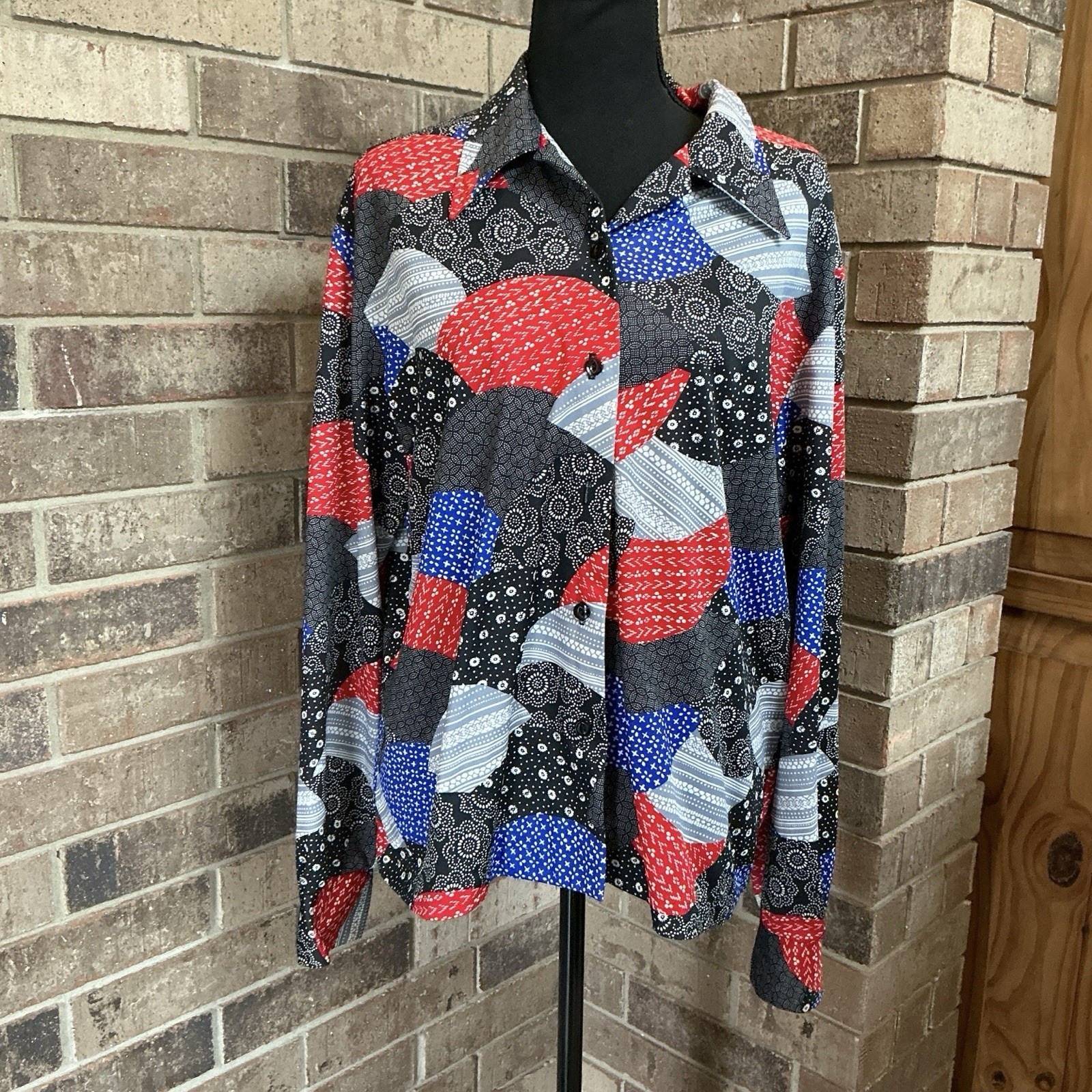70s VTG Machine Washables Sportswear Patchwork Print Blouse Size M Red Blue #5D6