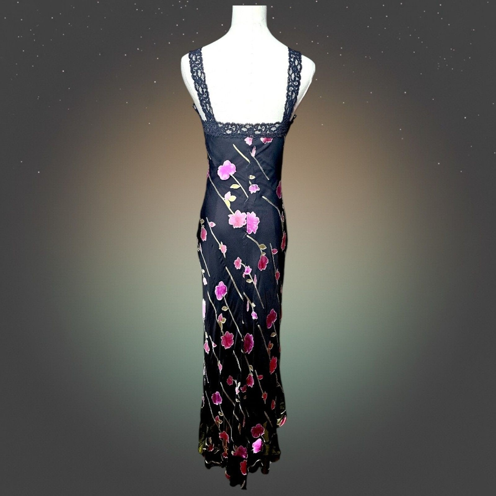 Betsey Johnson Vintage 90s Silk Blend Floral Lace Slip Dress Black Pink M