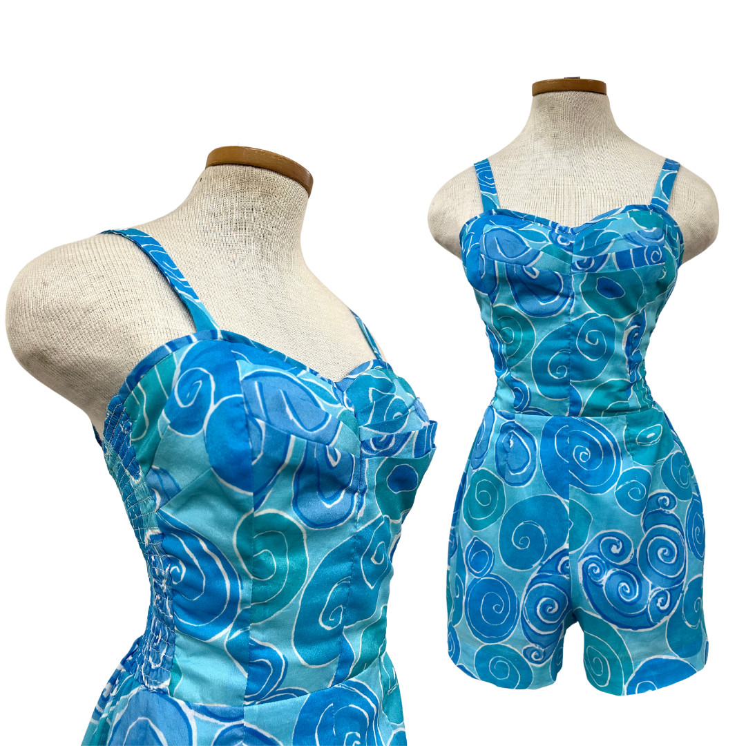 Vintage 1950s Kahala Blue Swirl Motif Playsuit/Romper with Adjustable Straps