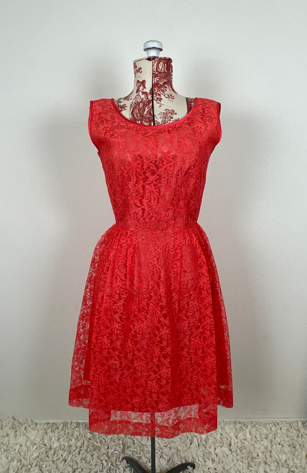 Vtg 50s CORAL LACE Dress J. Harlan Rockabilly Pinup Red Party Sheer Sexy 1950s