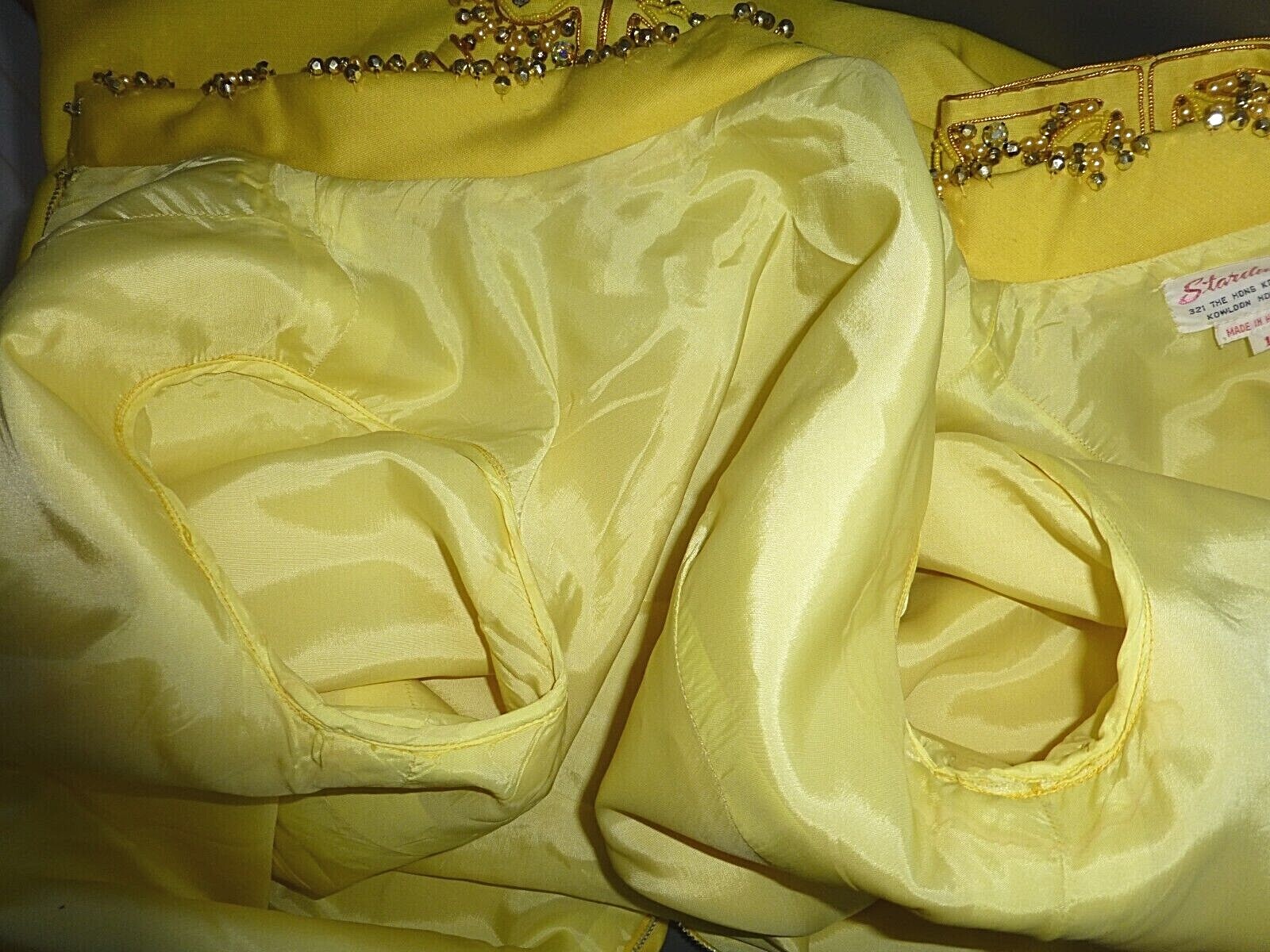Vtg 60s Yellow Silk JEWELED Rhinestones Pearl Embroidery Cocktail Wedding Dress