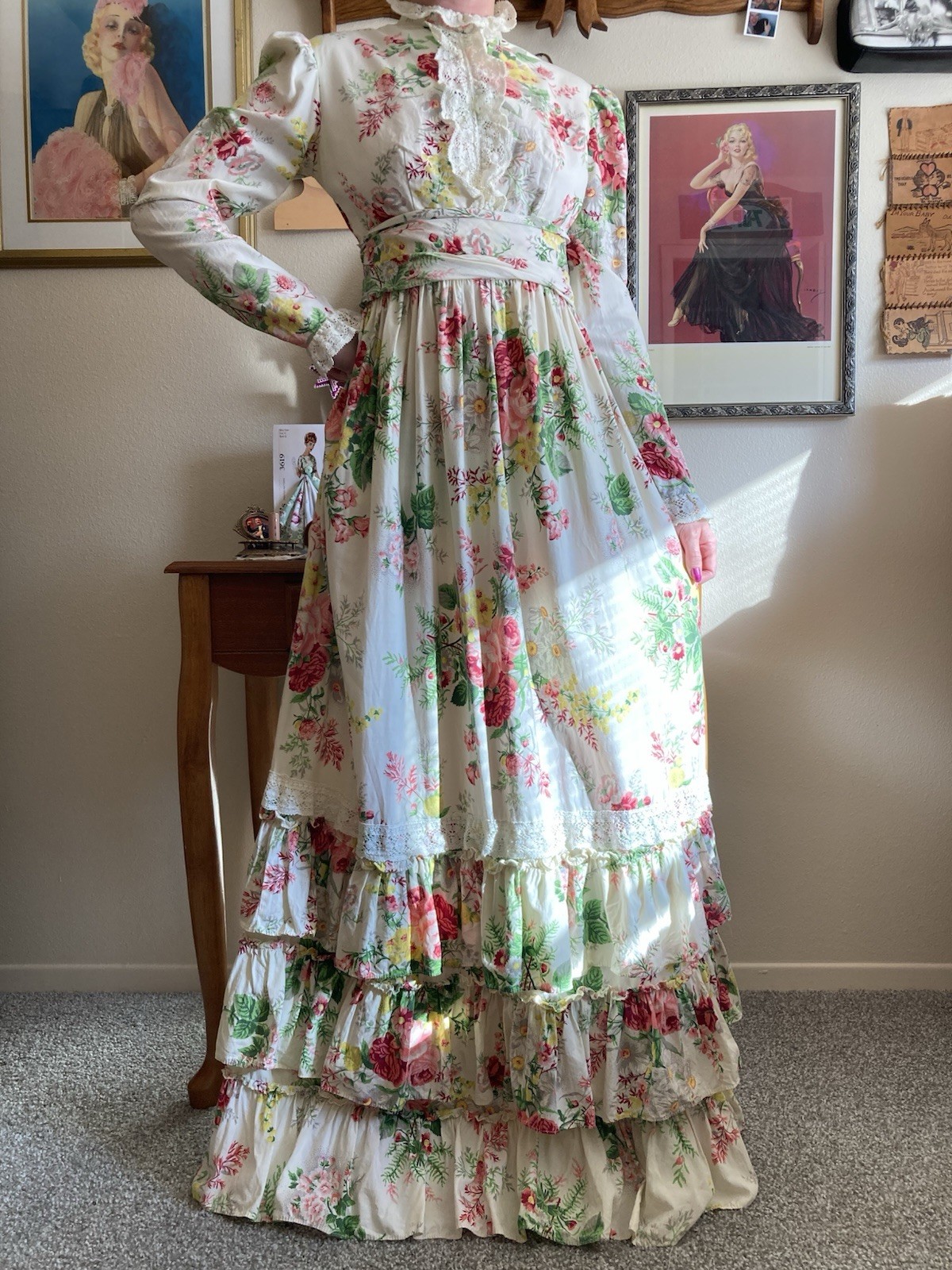1970s Dreamy Floral Lace & Ruffle Maxi Dress, Bust 34in