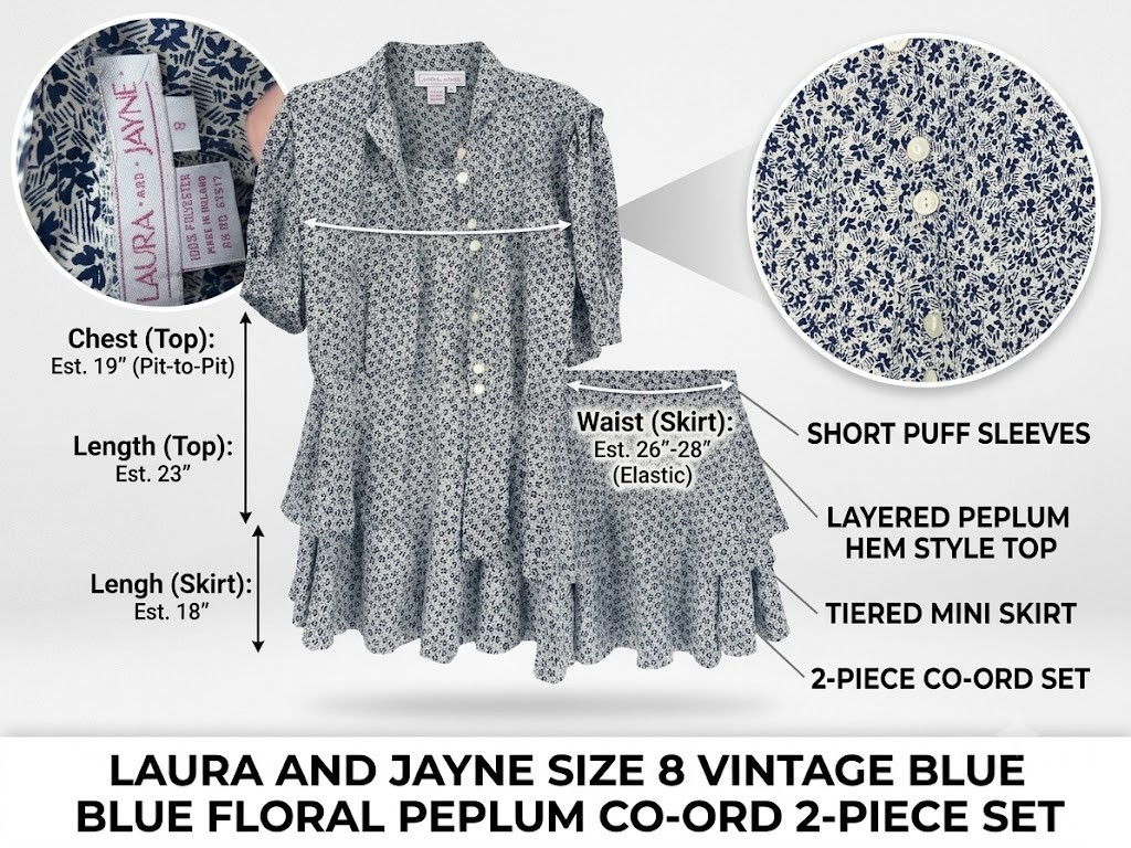 Laura and Jayne Vintage Floral Dress Set Size 8 Blue Cream Peplum Mini 2 Piece