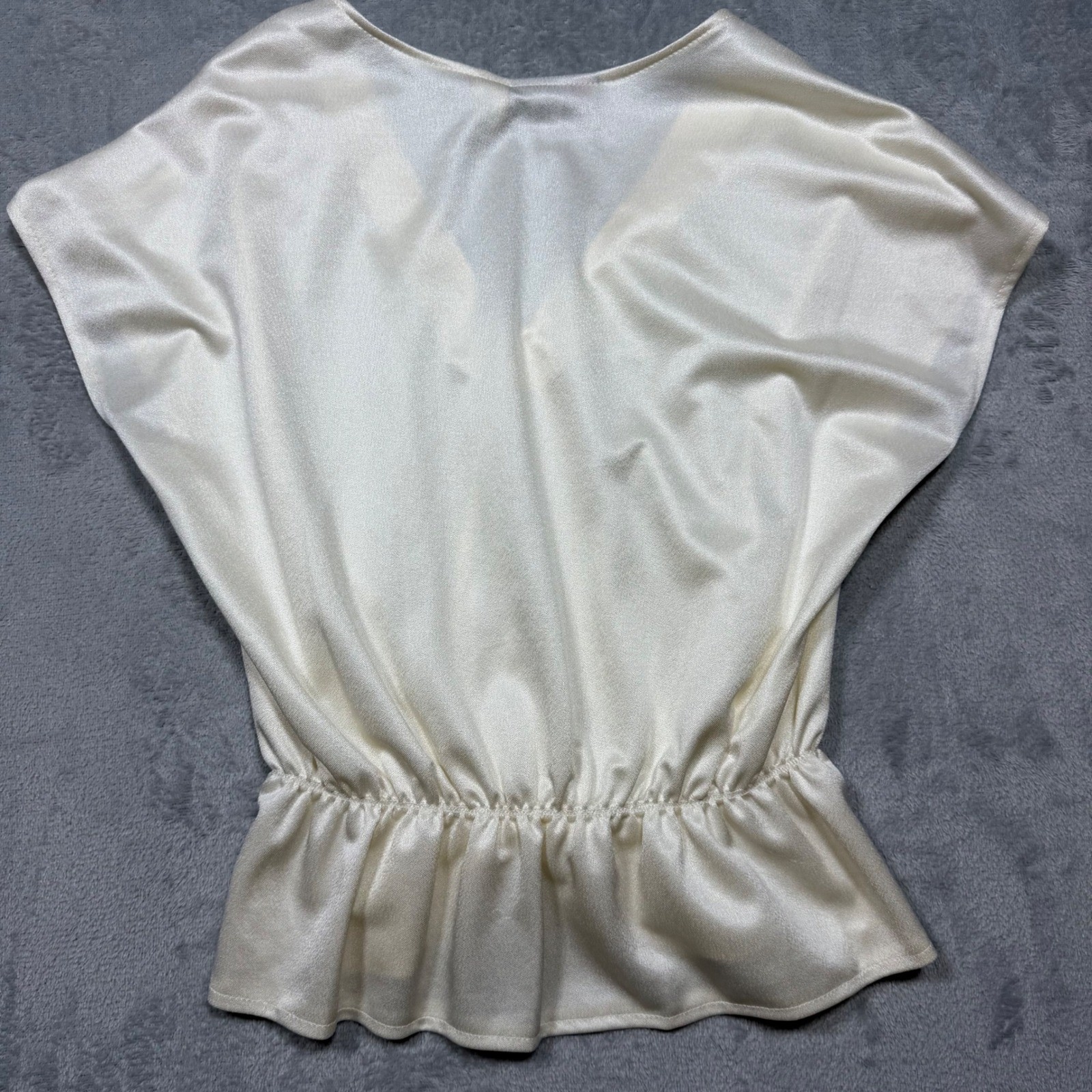 Vintage 80s Off White Synthetic Satin Peplum Blouse Surplice V-Neck Top Size S