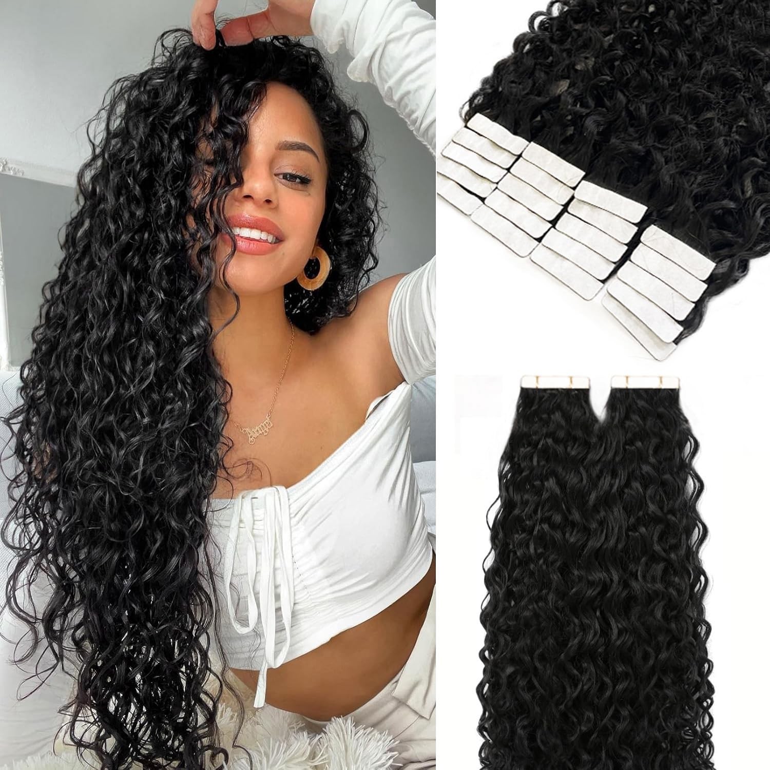 22″ Curly Remy Human Hair Tape-in Extensions 20pcs 50G Double Sided PU