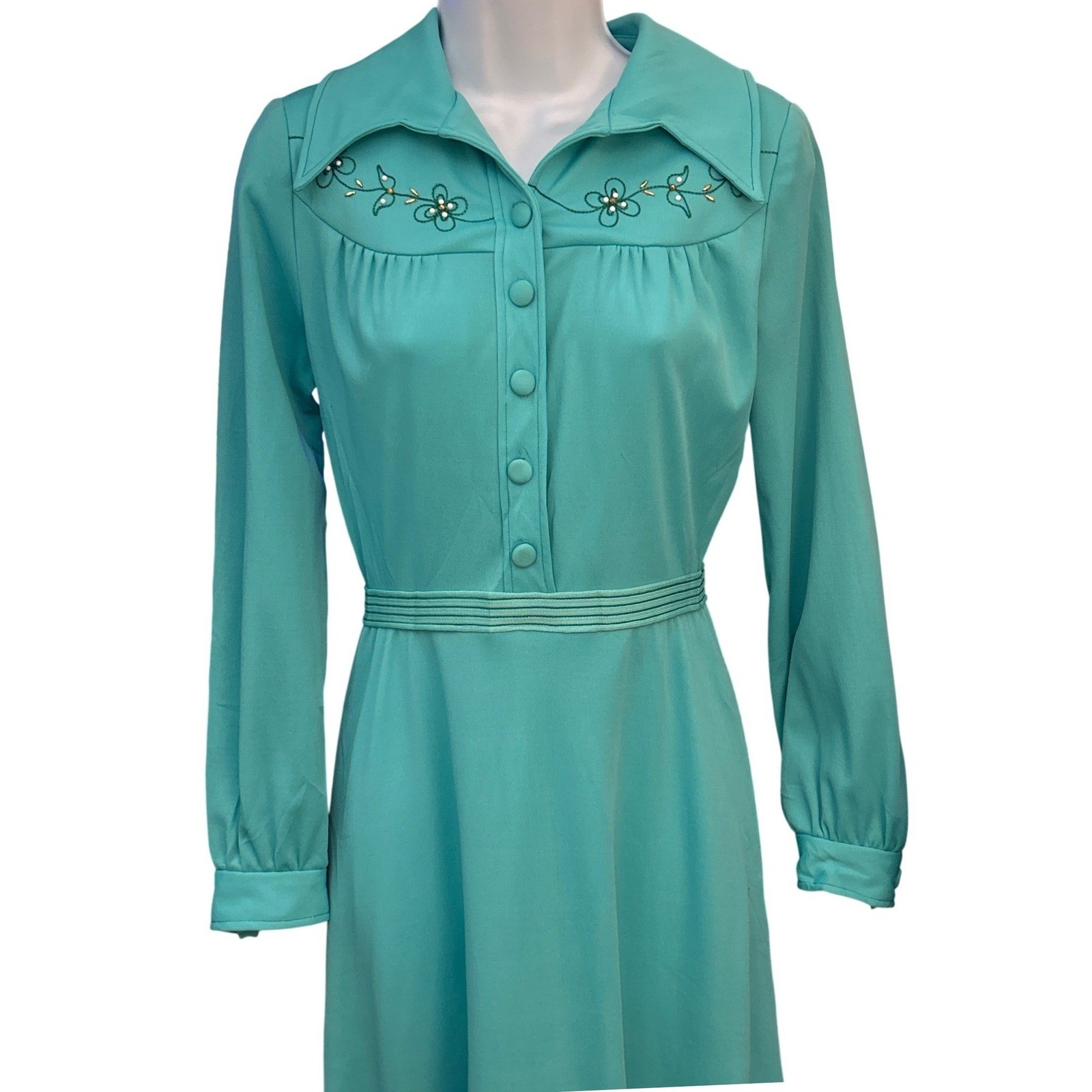 Vintage 70s Connections Maxi Dress Turquoise Embroidered Prairie Boho Retro 8H