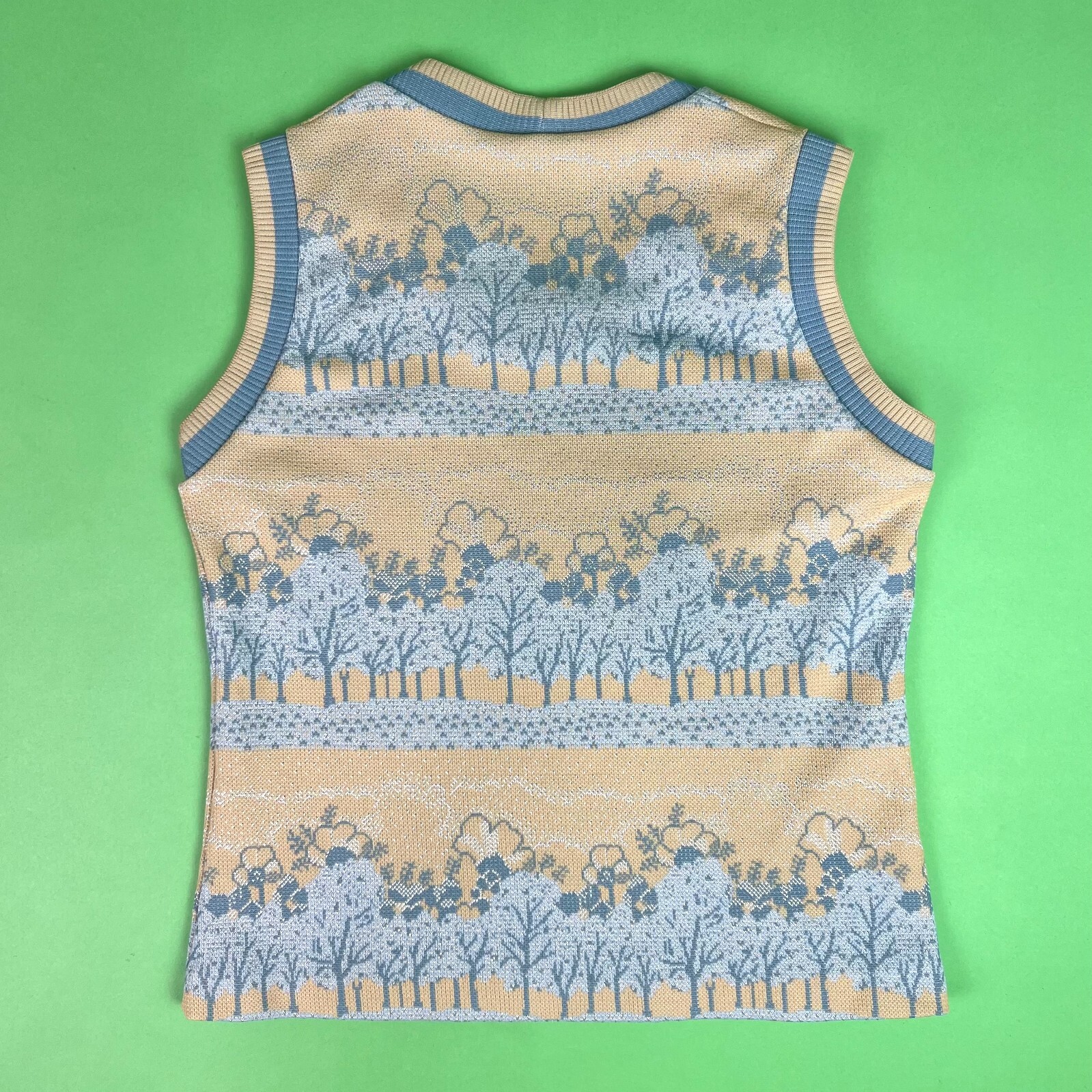 Vintage 70s Tree Landscape Novelty Sleeveless Knit Top Vest Size Medium