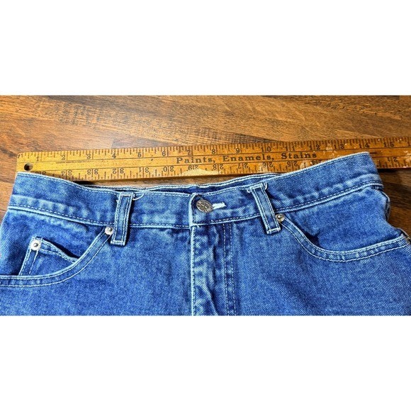 Vintage 1990s BUM equipment denim shorts with large logo patches. SZ 7 waist 28