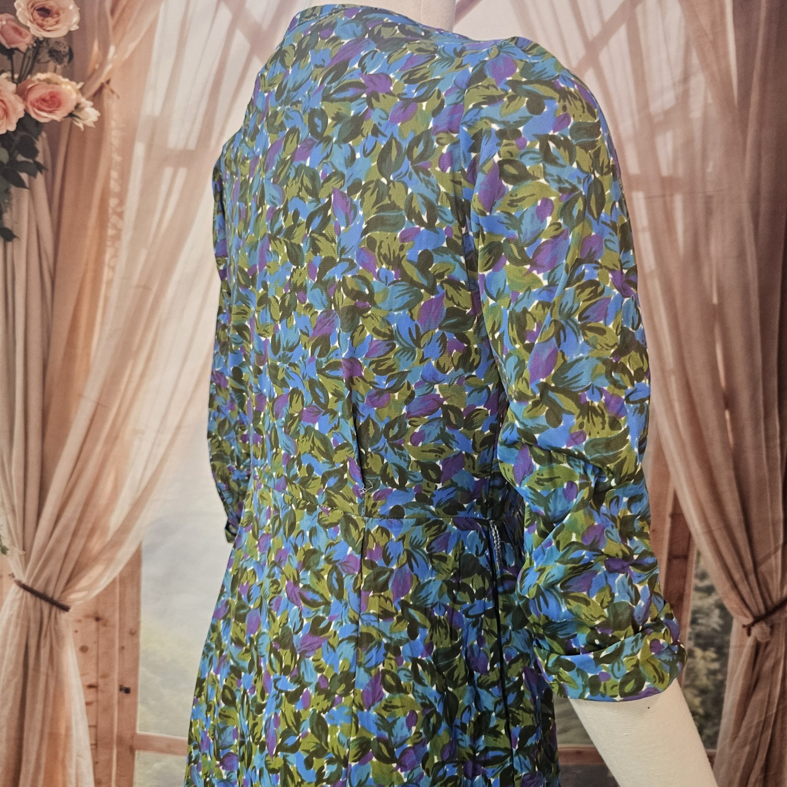 Vintage 1960’s Dress Blue Green Purple Floral Rounded Collar Necktie Retro