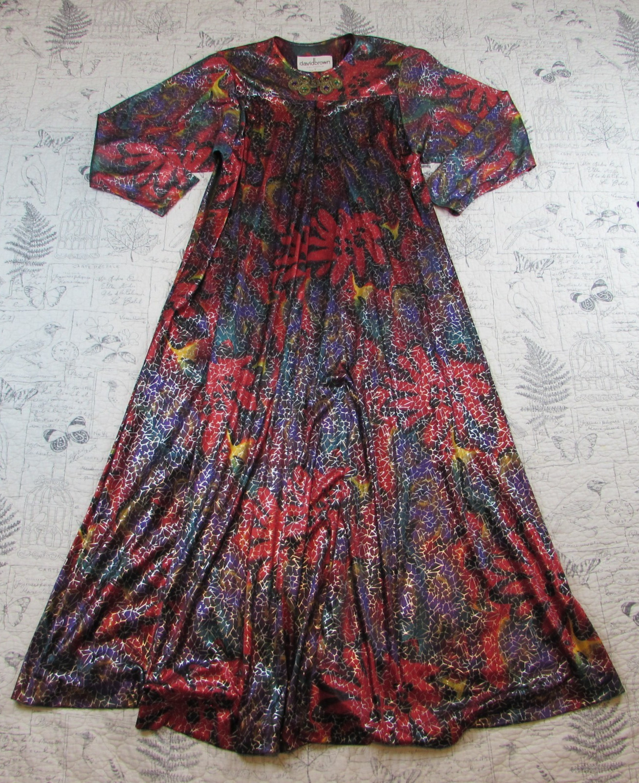 VTG 70s David Brown California Maxi Dress Kaftan Long Sleeve floral gold M