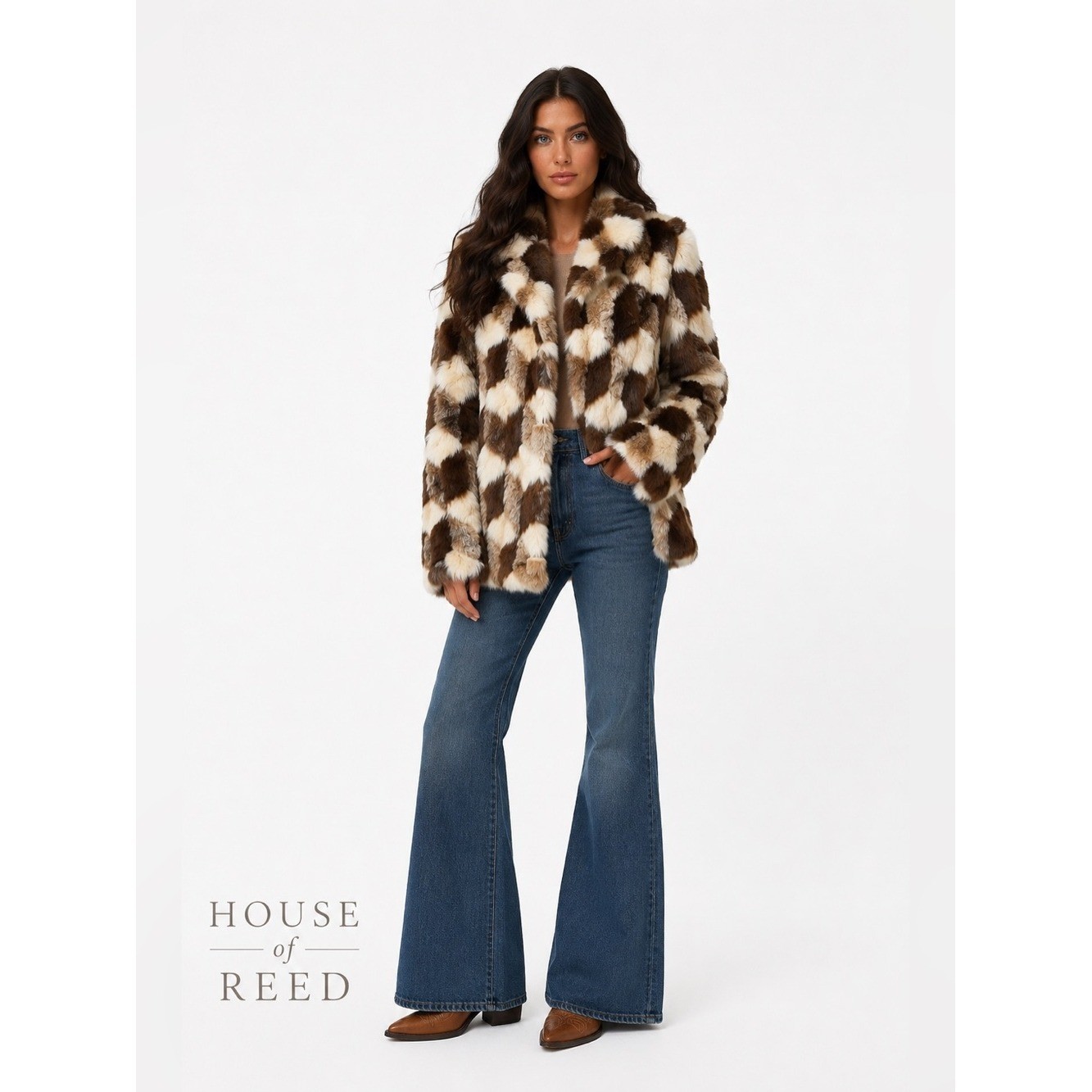 Vintage Genuine Rabbit Fur Patchwork Coat Brown Cream Western Luxe Jacket