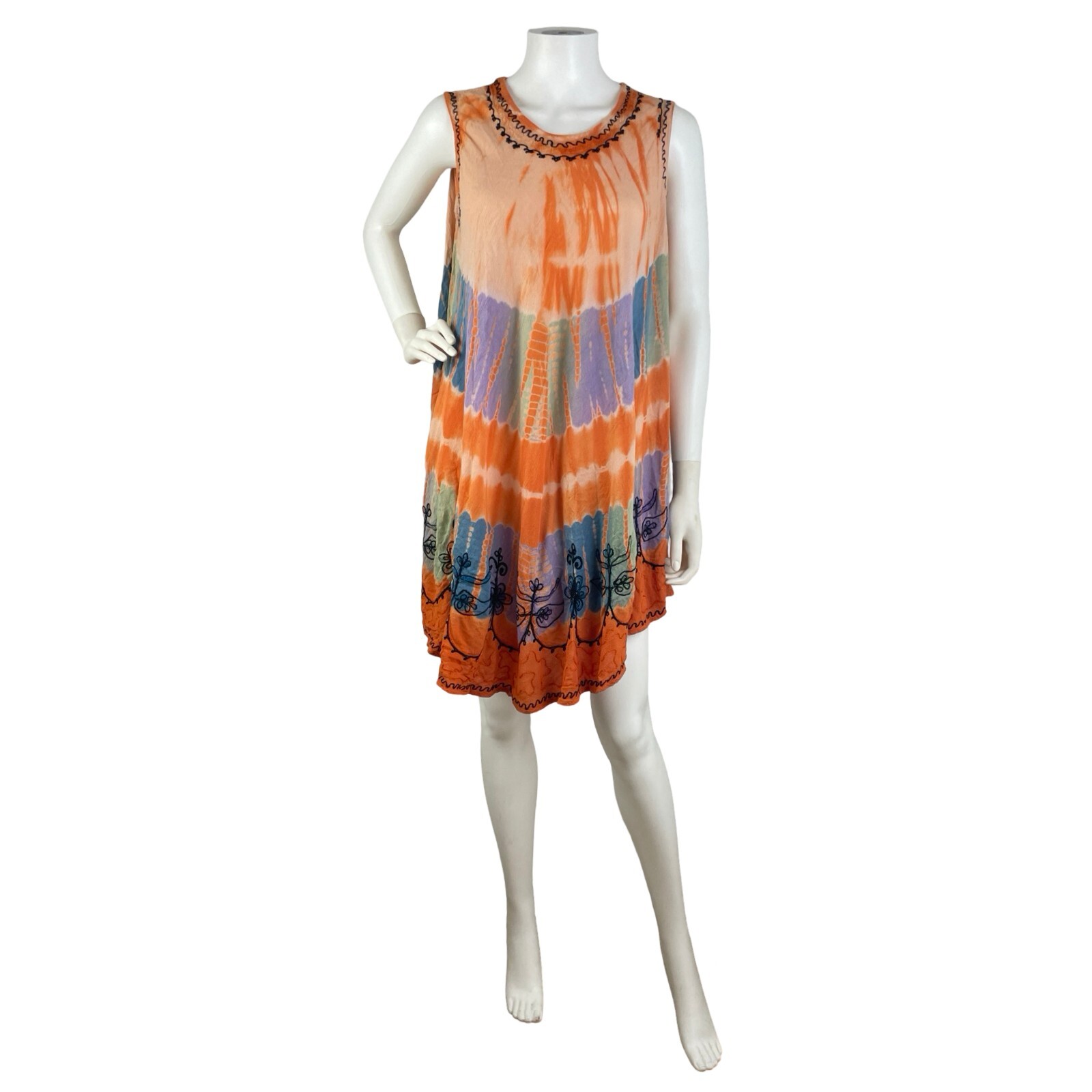 Vintage 90s Dress Tie Dye Embroidery Asymmetrical Boho Free One Size Peasant