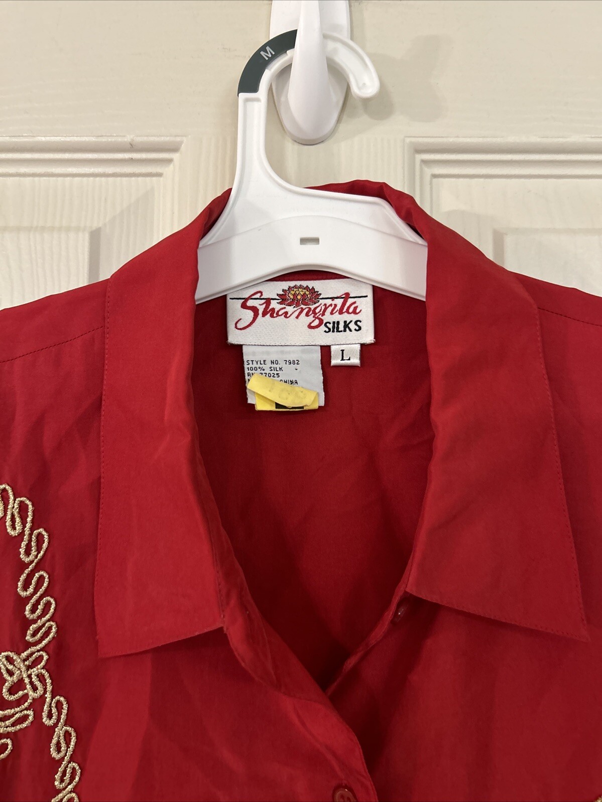 Vintage Red Beaded Sequins Silk Women’s Shangri-La Hong Kong Shirt Blouse Top L