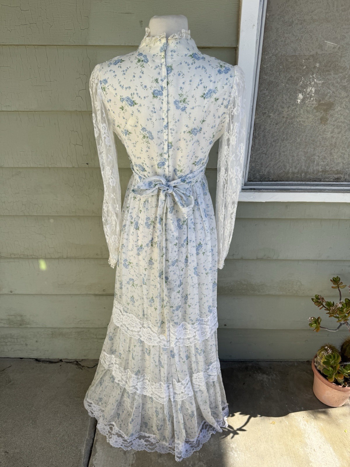 Gunne Sax Maxi Dress Blue White Flowers Lace Long Sleeve Cottagecore Boho 9/10 M