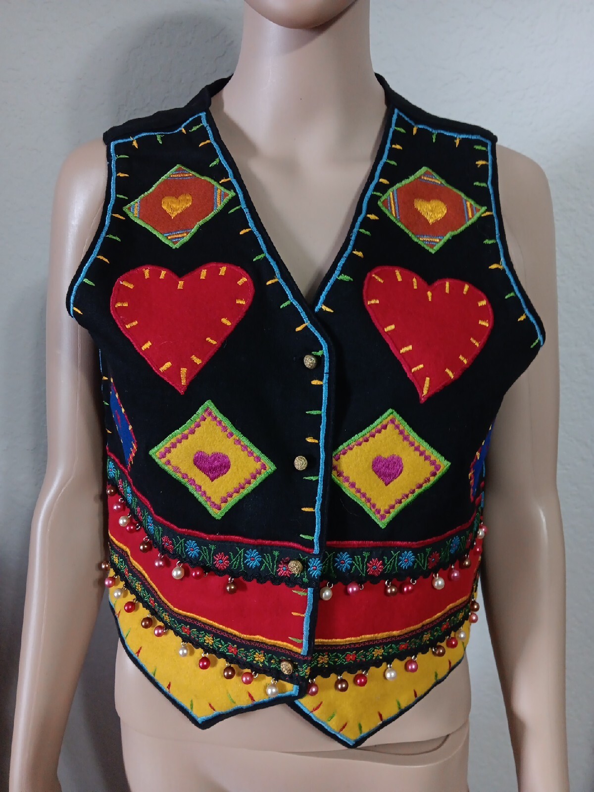 Vintage Joujou Boho Hippy Western Embroidered & Seqined Vest With Fringe Sz S