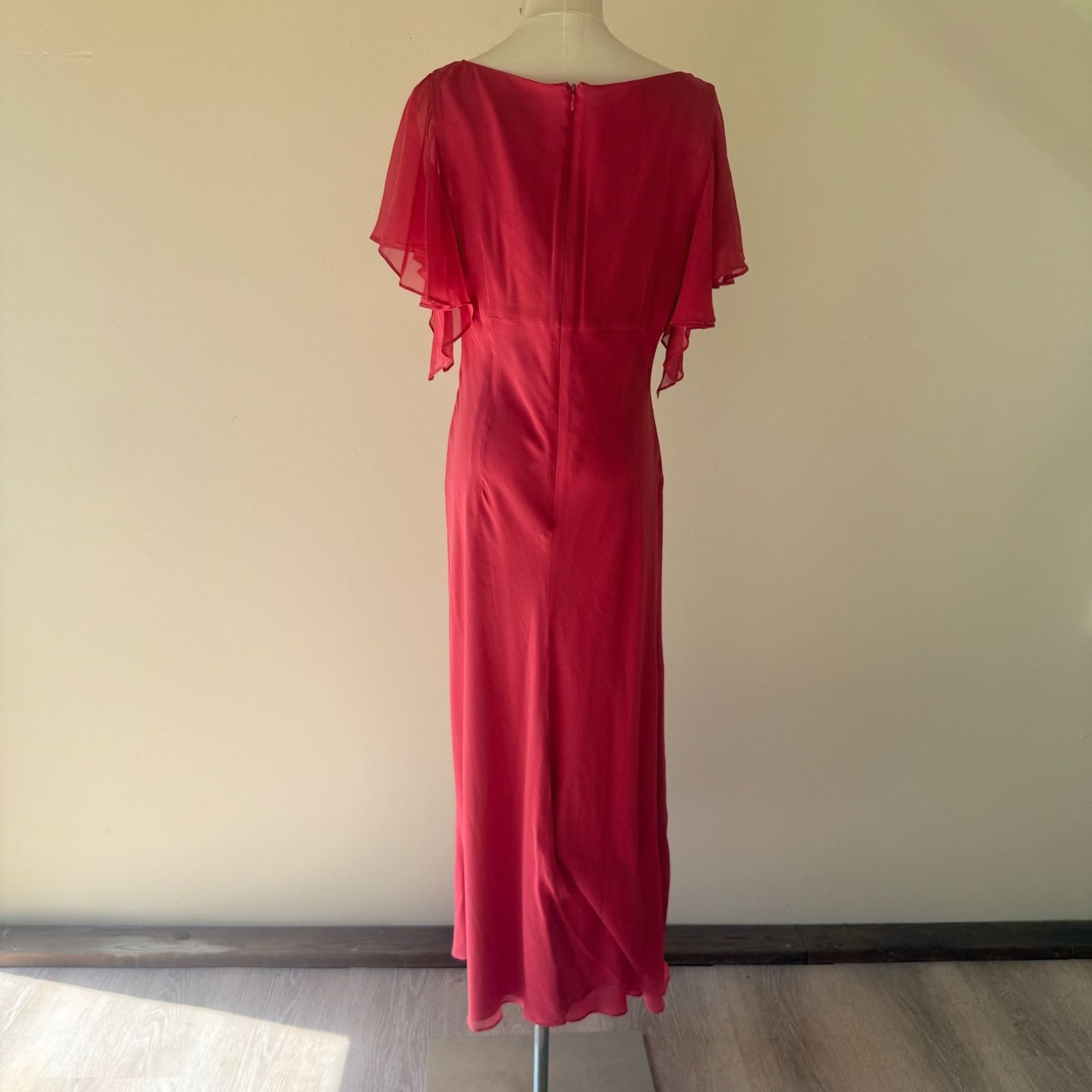 Vintage 100% Silk Dress Red Pink Beaded Flutter Sleeve Adrianna Papell