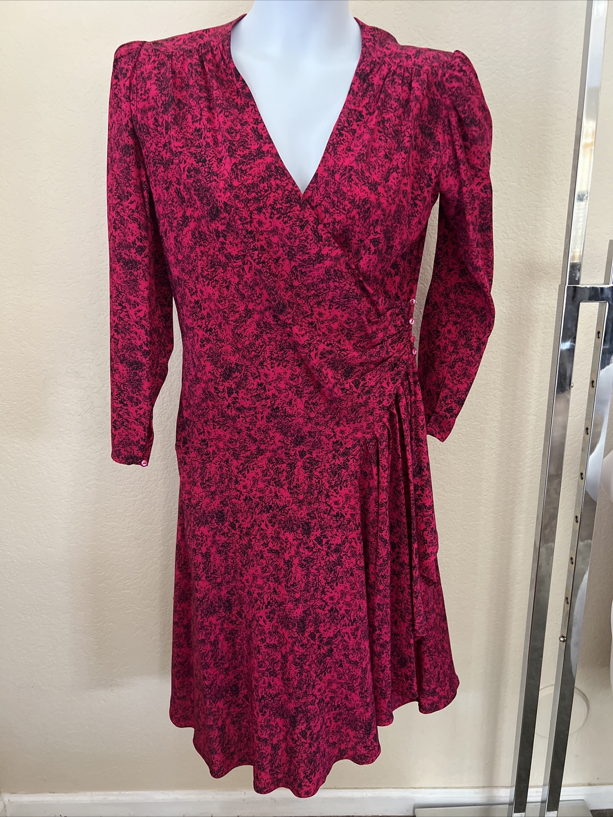 JERRY REGENBOGEN Vintage Silk Fuschia Black Wrap Dress Size 14