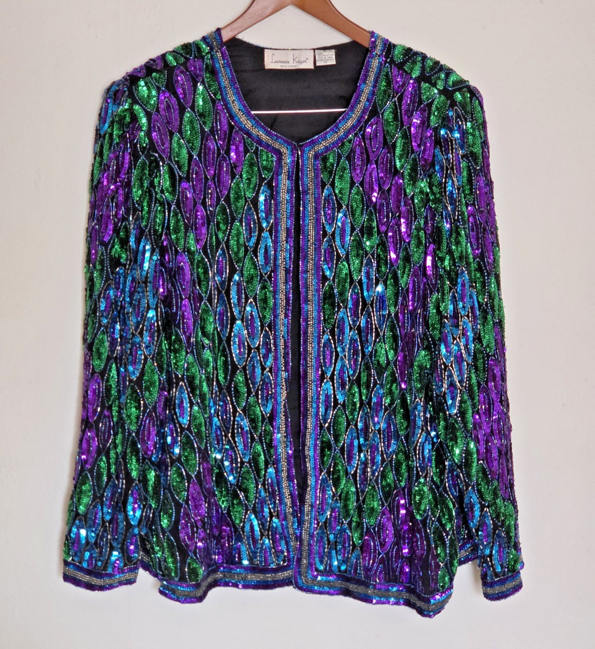 Vintage LAURENCE KAZAR Beaded Sequin Silk Jacket sz 1X Purple Blue Green Peacock