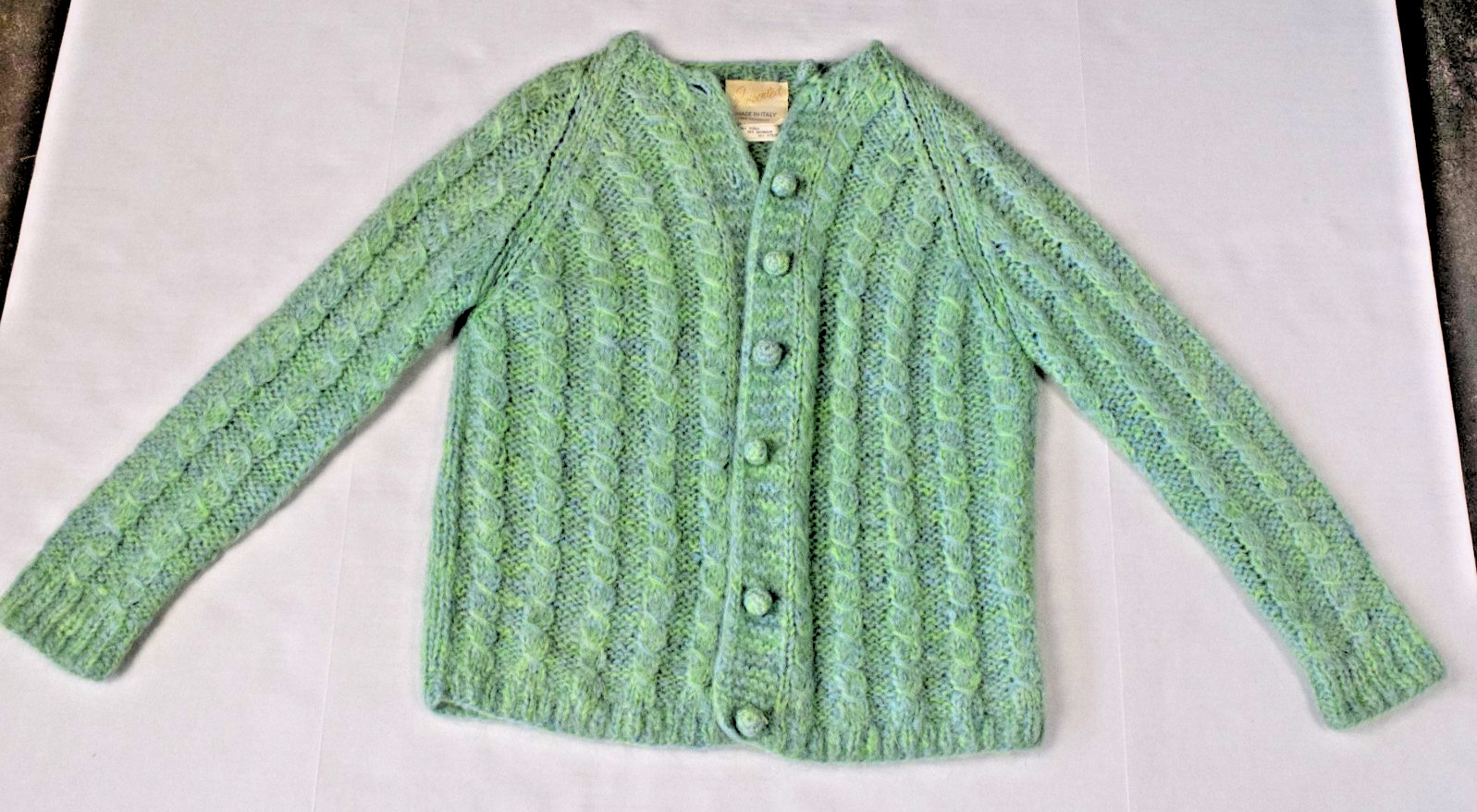 Vintage Cardigan Sweater Imported Sz S 60s Sea Green Blue Mohair Wool Made Italy