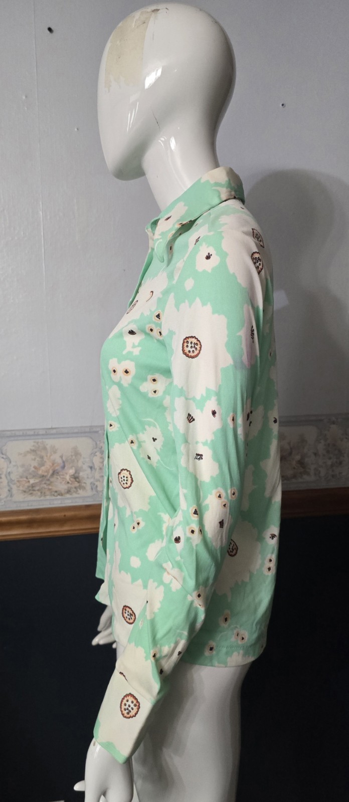 70s Mint Green Floral Disco Shirt Dagger Collar Fits Modern XS/S (Tagged L)