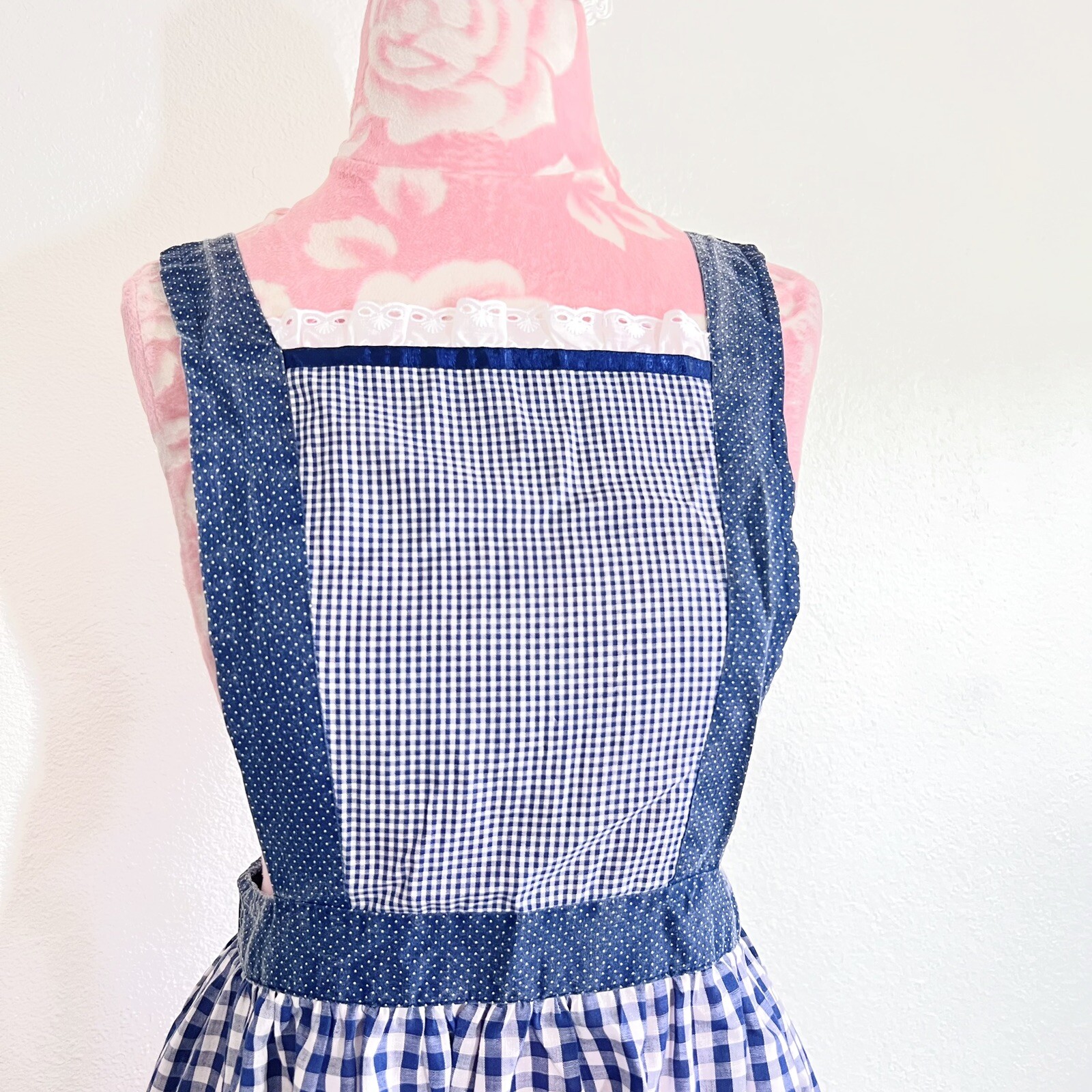 Vintage 60s Blue Plaid House Wife Belted Apron Dress Size S/M