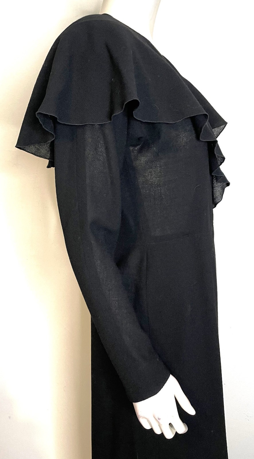 Jean Muir Dress Womens 8 10 Black Wool Crepe Ruffle Cape Collar Coat Dress VTG