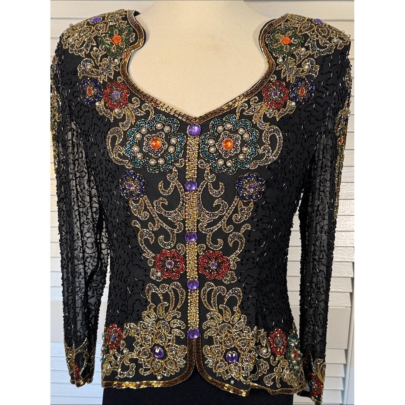 VTG Black Tie He-Ro Industries Silk Beaded Sequin Top Blouse Jacket