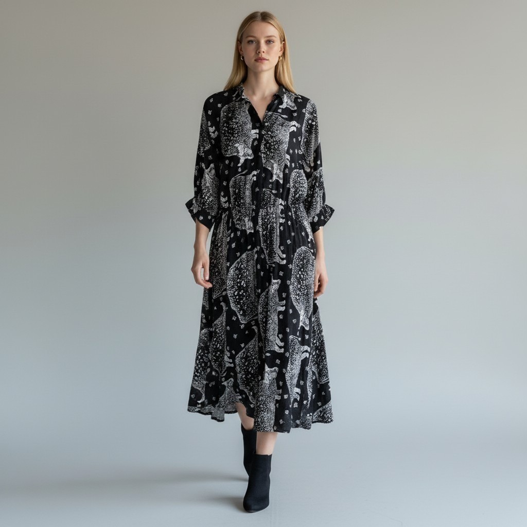 Vintage PJ Walsh New York Animal Print Maxi Shirt Dress ILGWU Black White Small