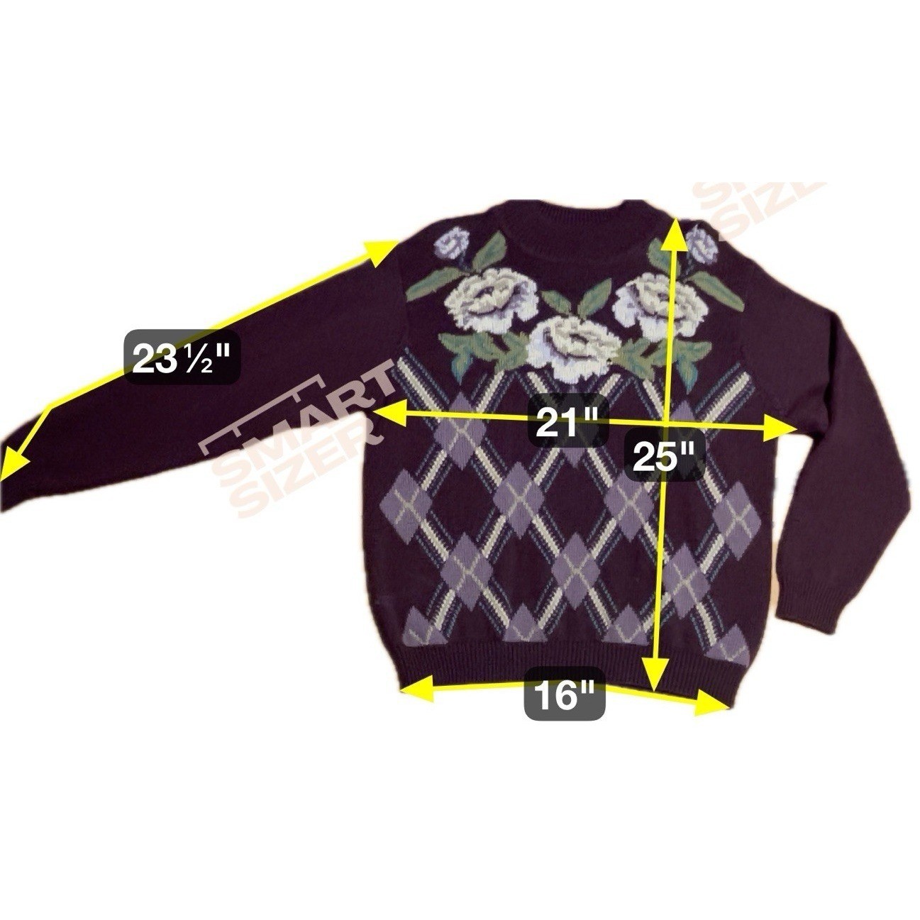 Alfred Dunner Vintage Plum Purple Floral Argyle Wool Blend Sweater, Womens Large