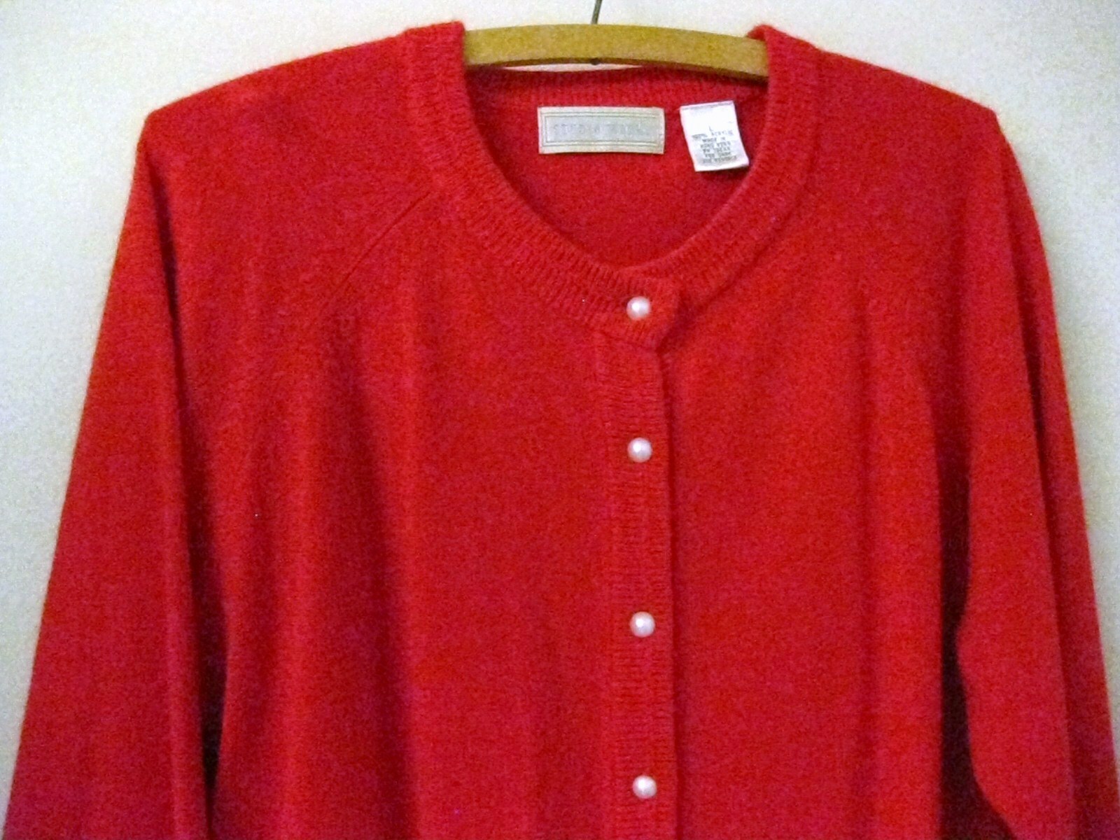 Studio Works Womens Red Cardigan Knit Sweater Pearl Buttons Large Hong Kong
