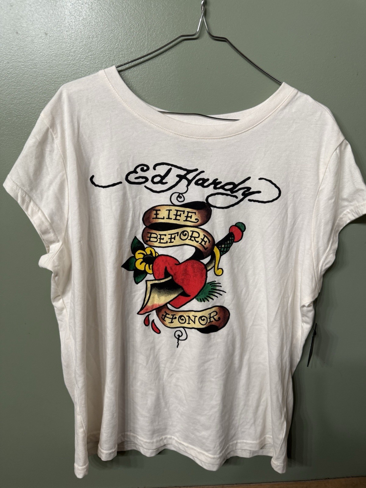 NWT Ed Hardy Shirt Color: Ivory, Love Before Honor HeartGraphic Logo Size 2xl.