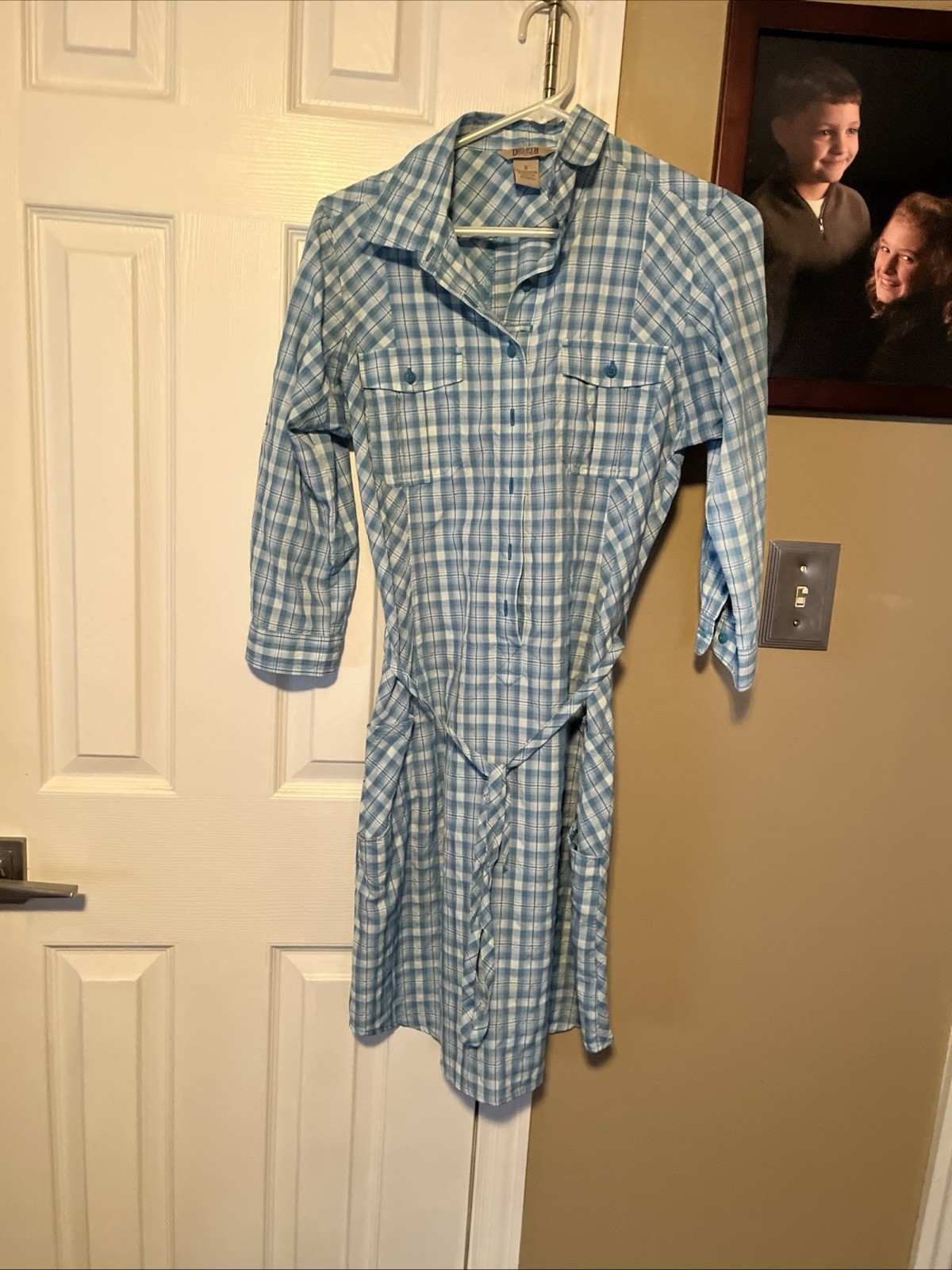 Vintage Pat Perkins Shirt Dress Small plaid Blue Belted With Pockets