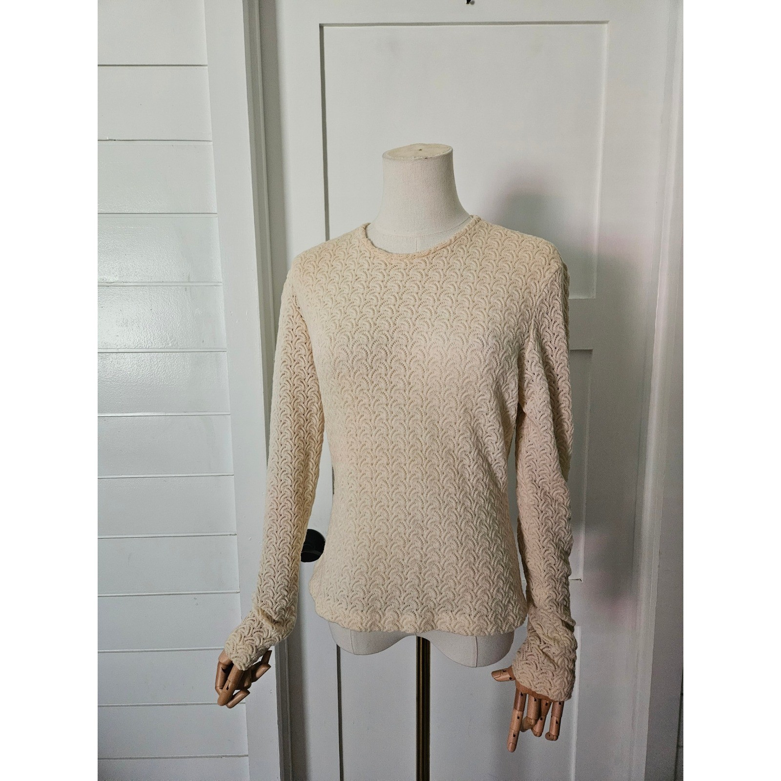 Vintage 100% Wool Cream Open Knit Long Sleeve Sweater Top Size Medium